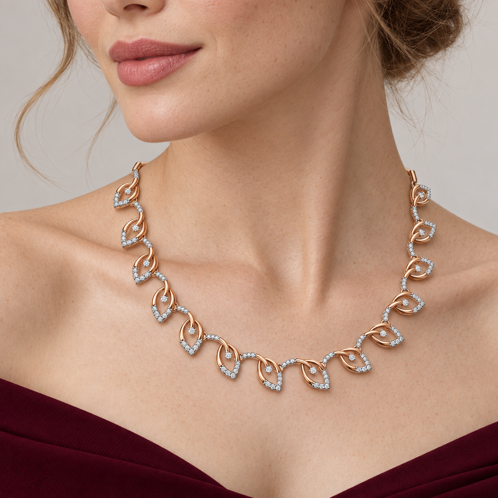 Rose Gold Open Heart Diamond Necklace - worn view 2