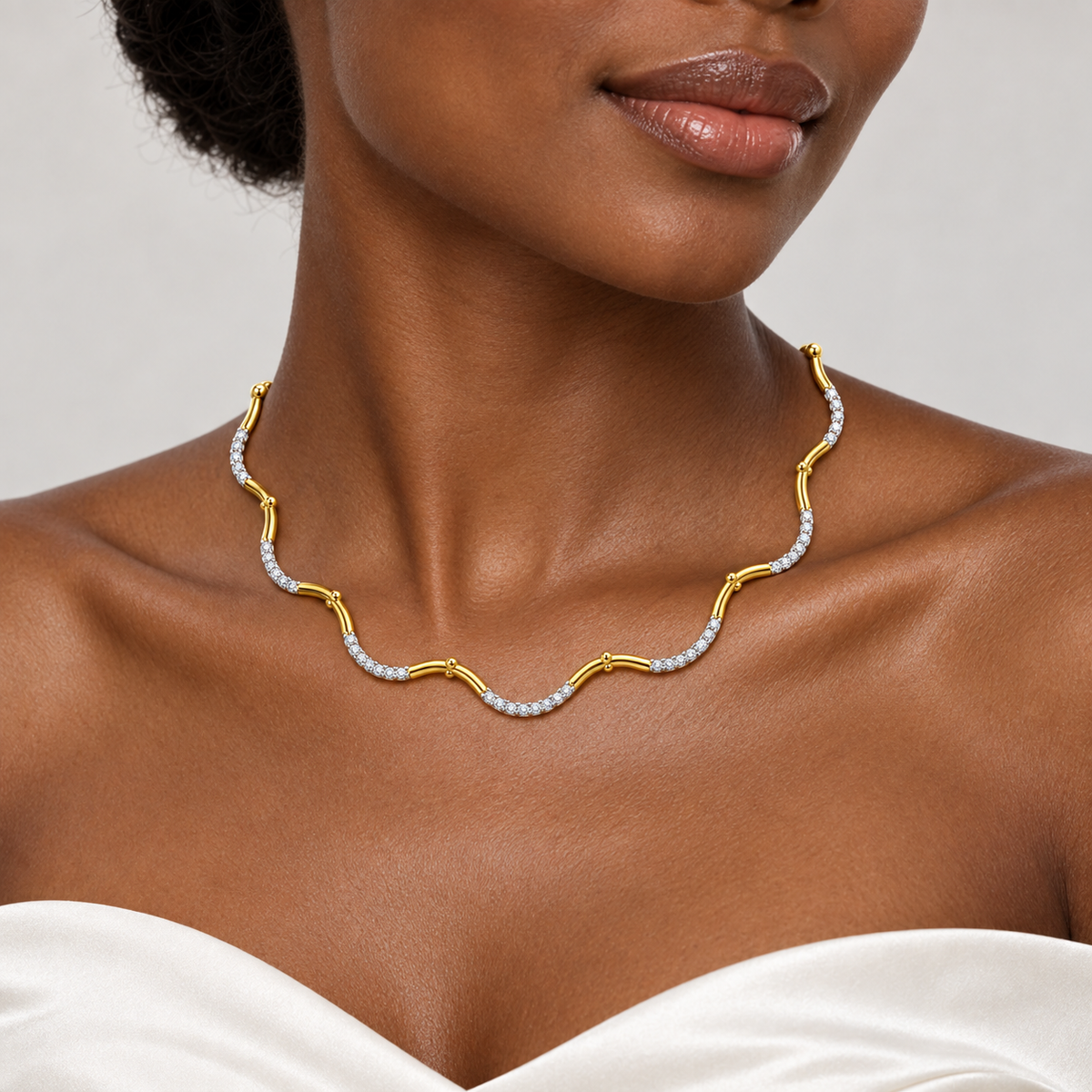 Curved Pave Wave Diamond Necklace - worn view 2
