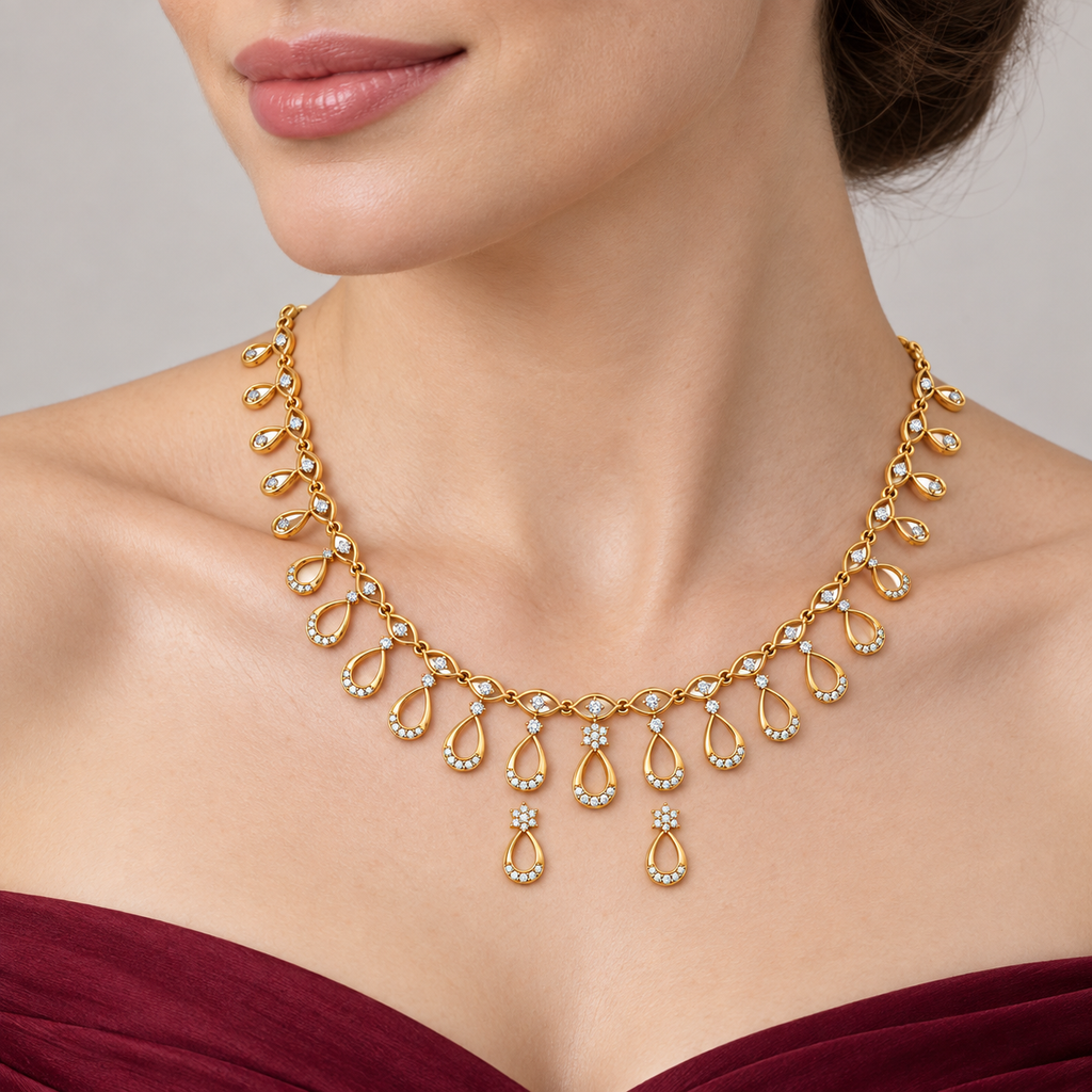 Teardrop Cascade Diamond Necklace Set - worn view 2