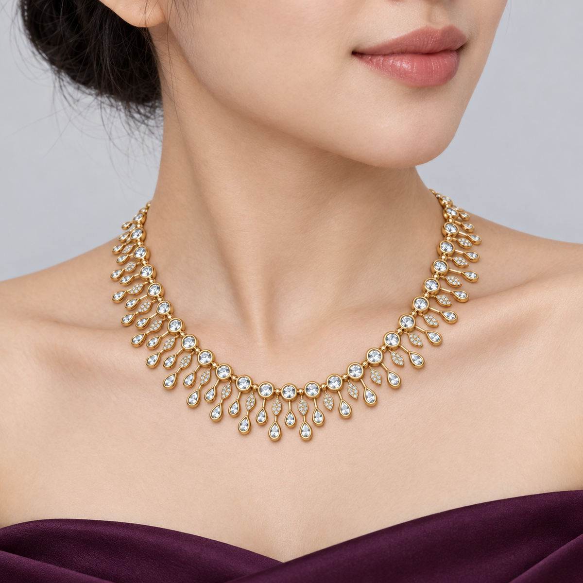 Radiant Teardrop Fringe Diamond Necklace - worn view 2