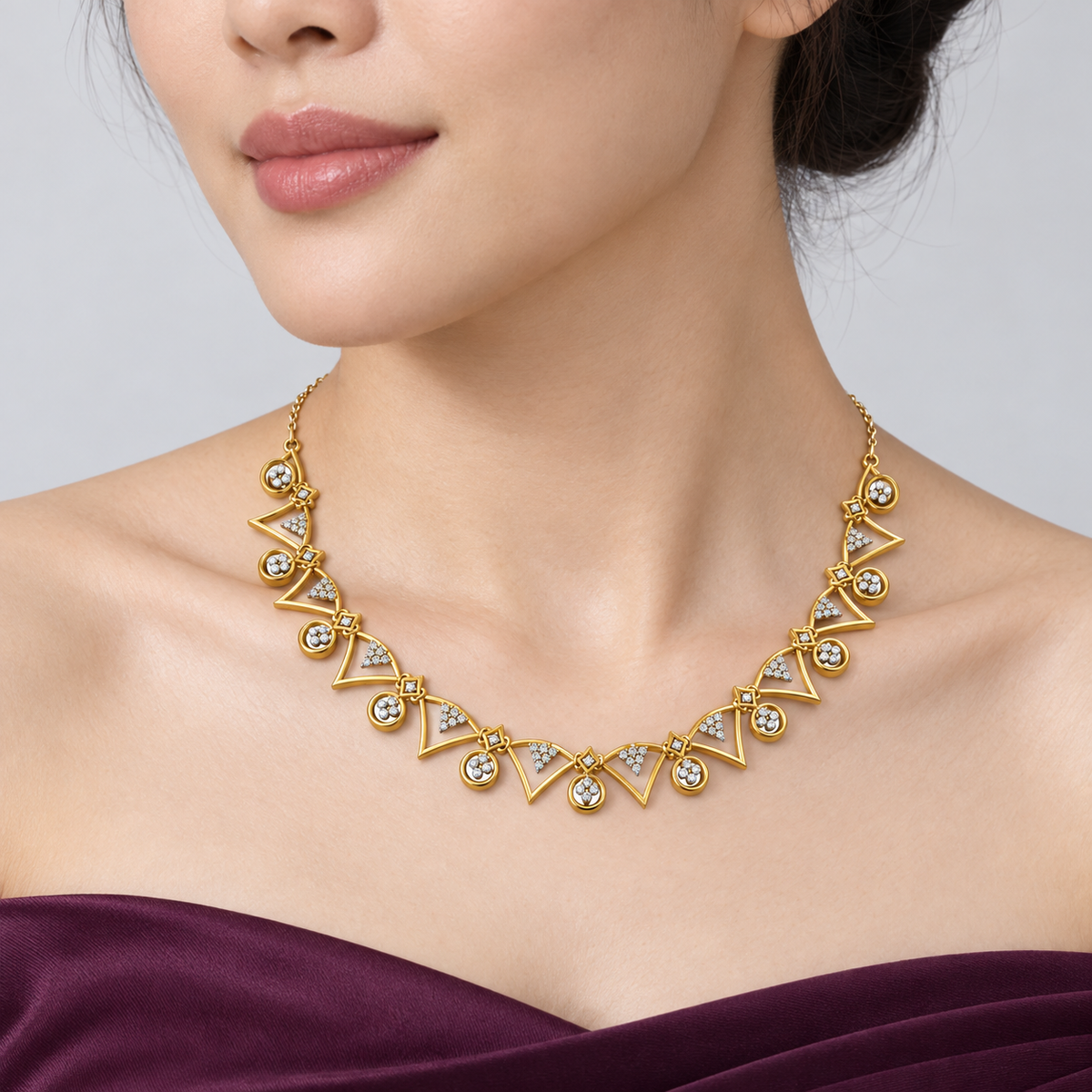 Geometric Bell Charm Diamond Necklace - worn view 2