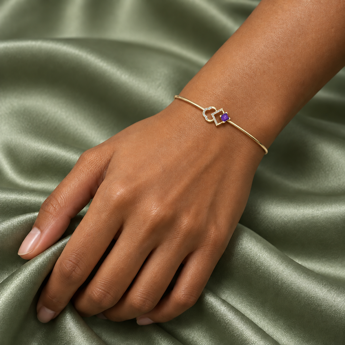 Violet Heart Geometry Diamond Bangle - worn view 2