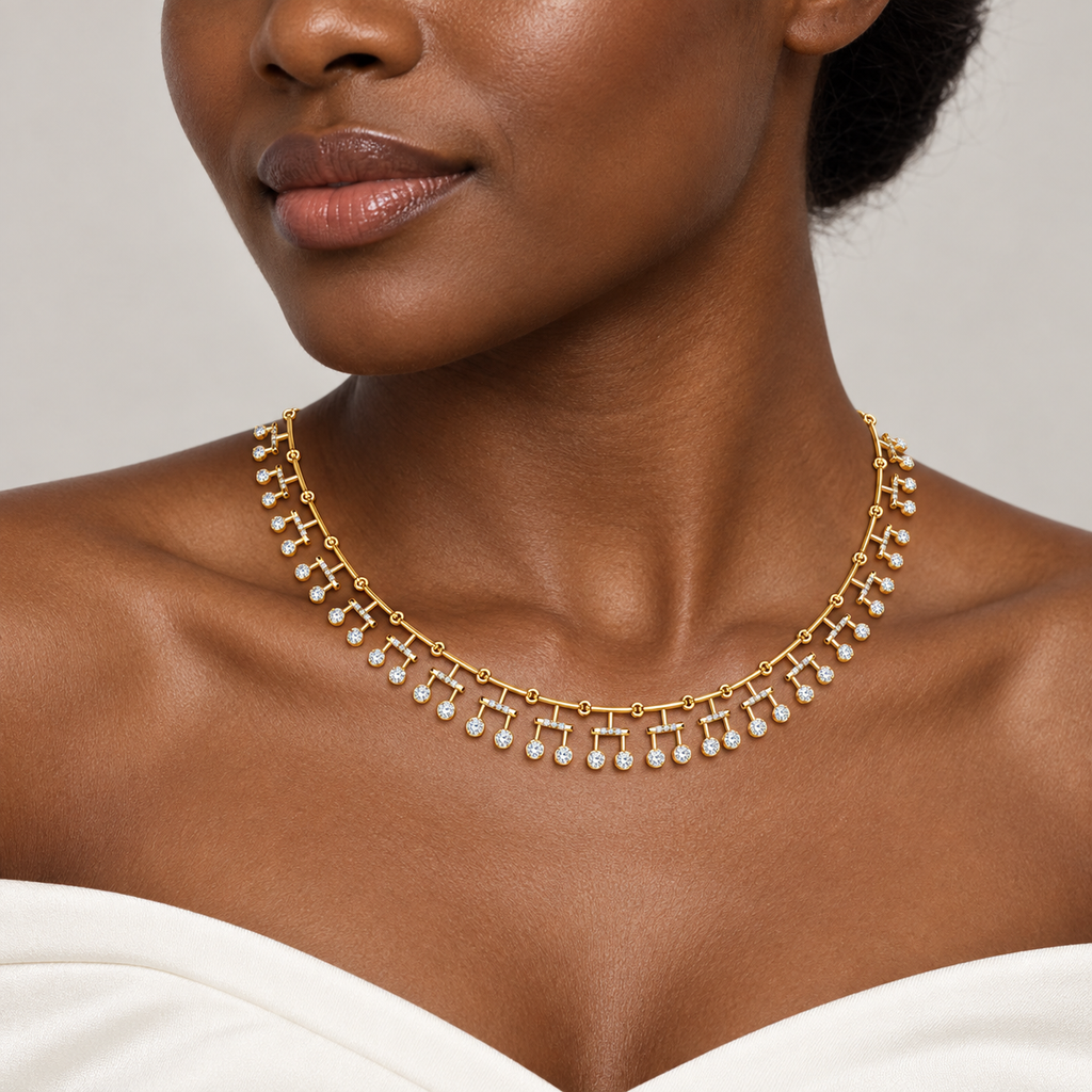 Beaded Bar Fringe Diamond Necklace - worn view 2
