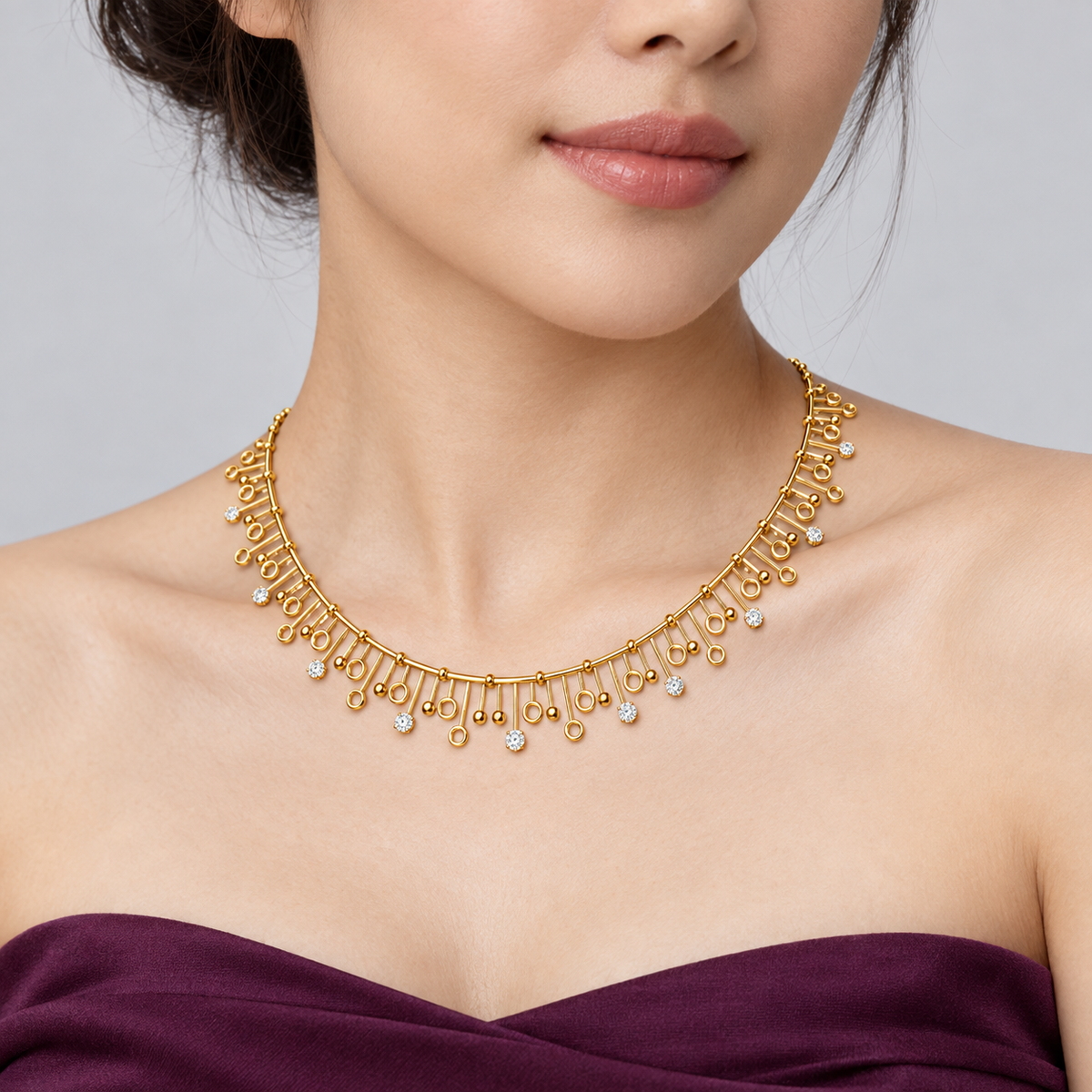 Circle Bar Charm Diamond Necklace - worn view 2