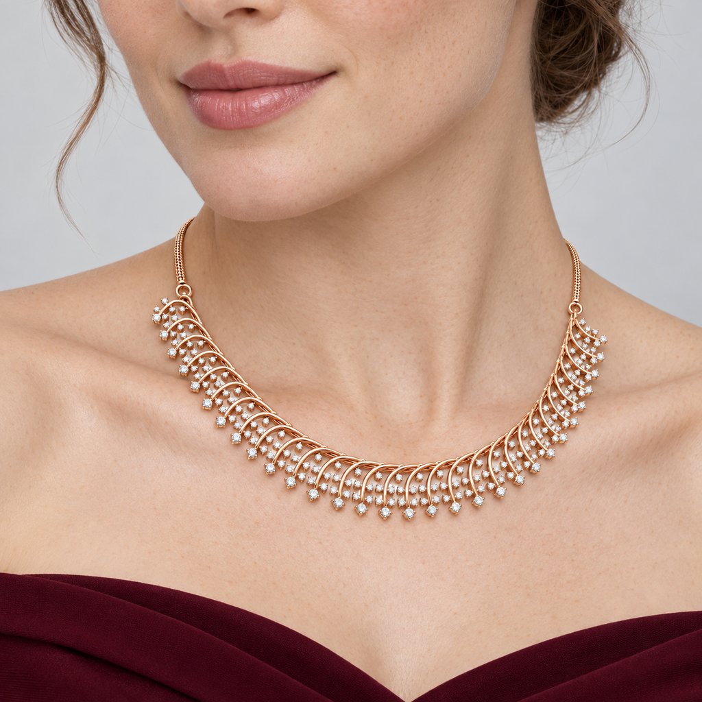 Rose Gold Fern Fringe Diamond Necklace - worn view 2