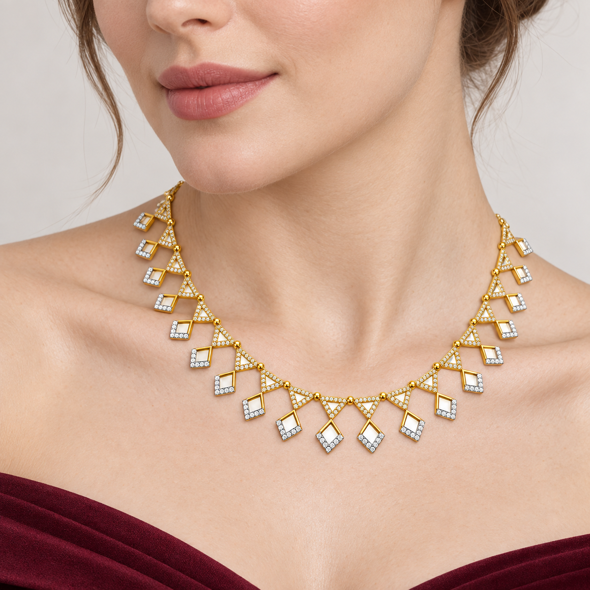 Triangle and Square Drop Diamond Necklace - worn view 2