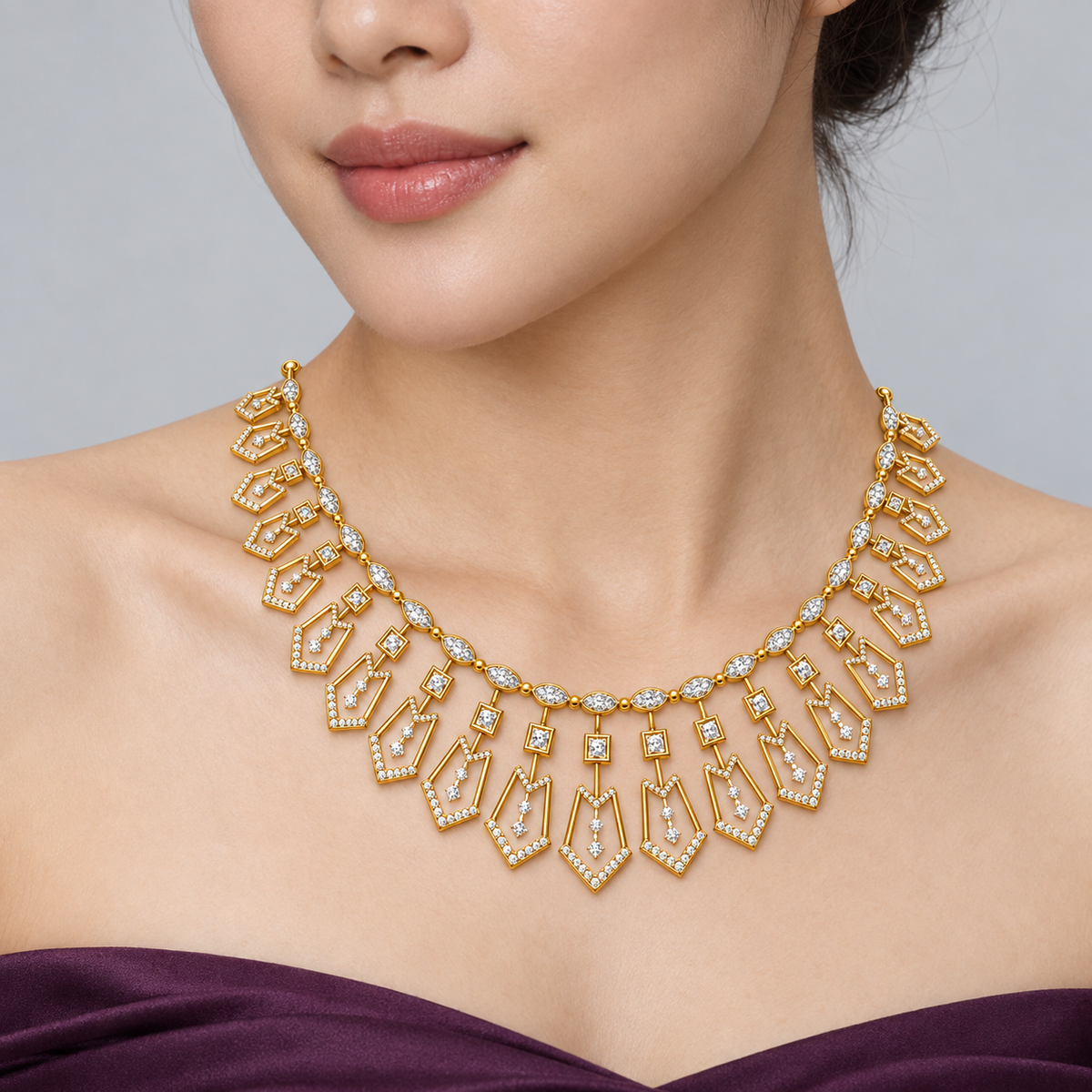 Geometric Shield Fringe Diamond Necklace - worn view 2