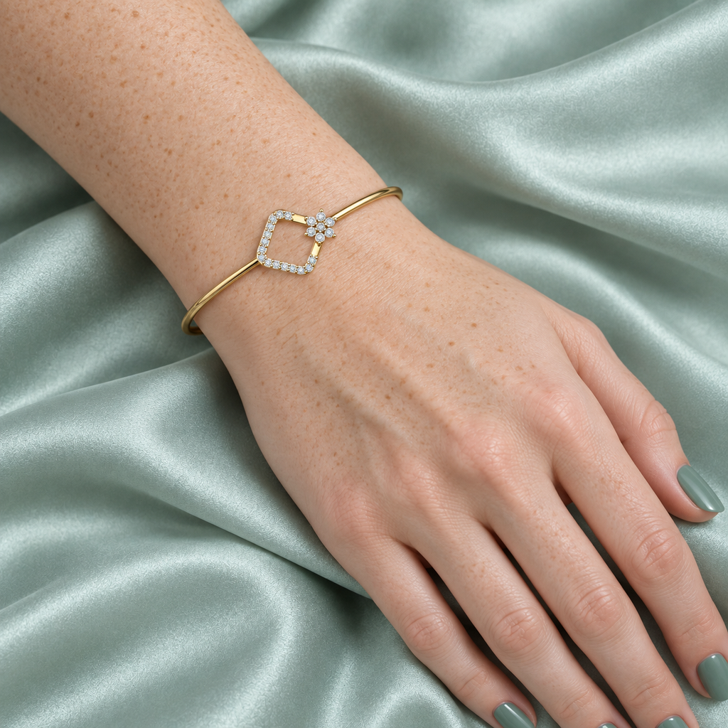 Floral Open-Square Diamond Bangle - worn view 2