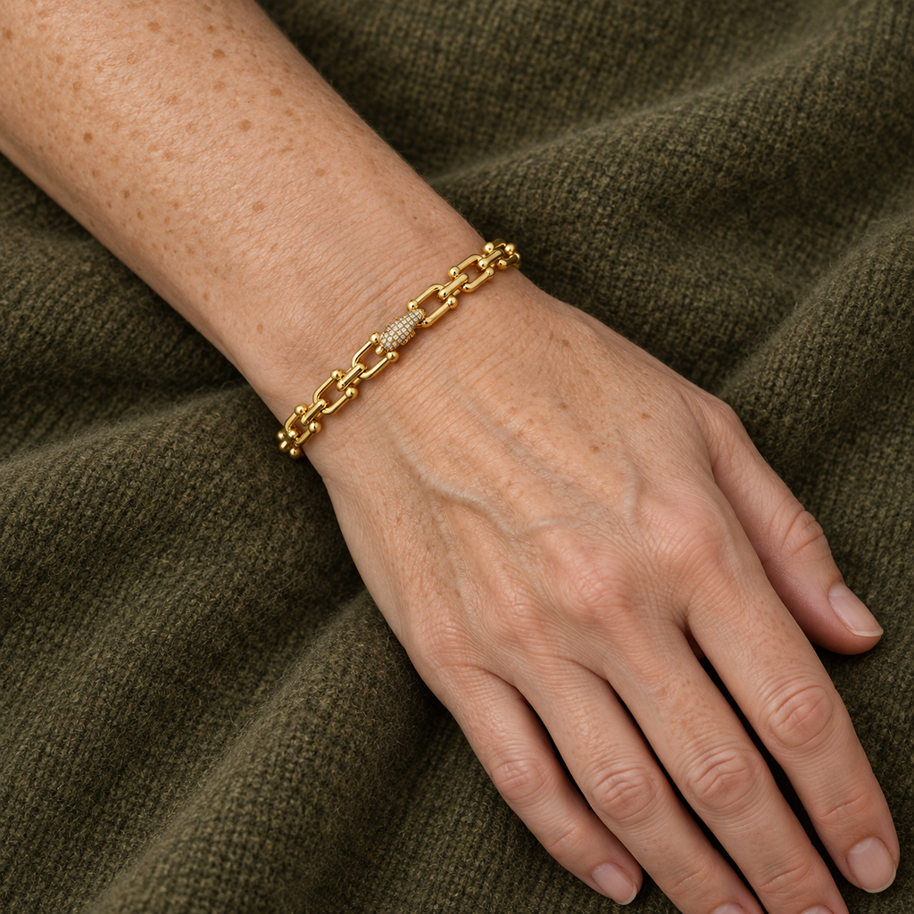 Diamond Barrel-Link Gold Bracelet - worn view 2