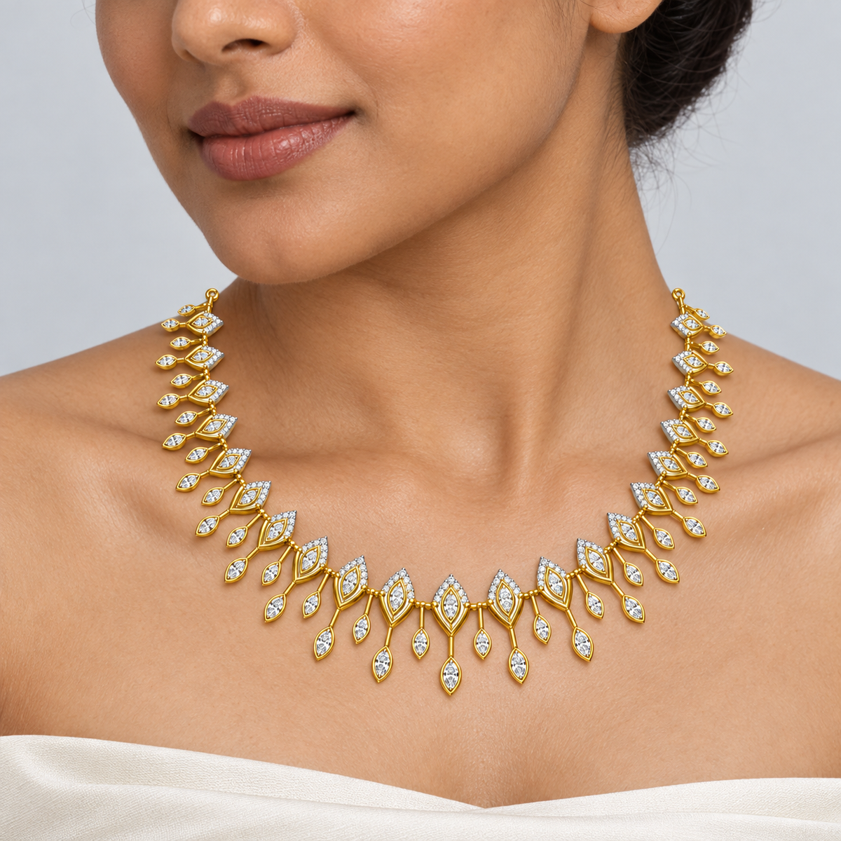 Marquise Leaf Cascade Diamond Necklace - worn view 2