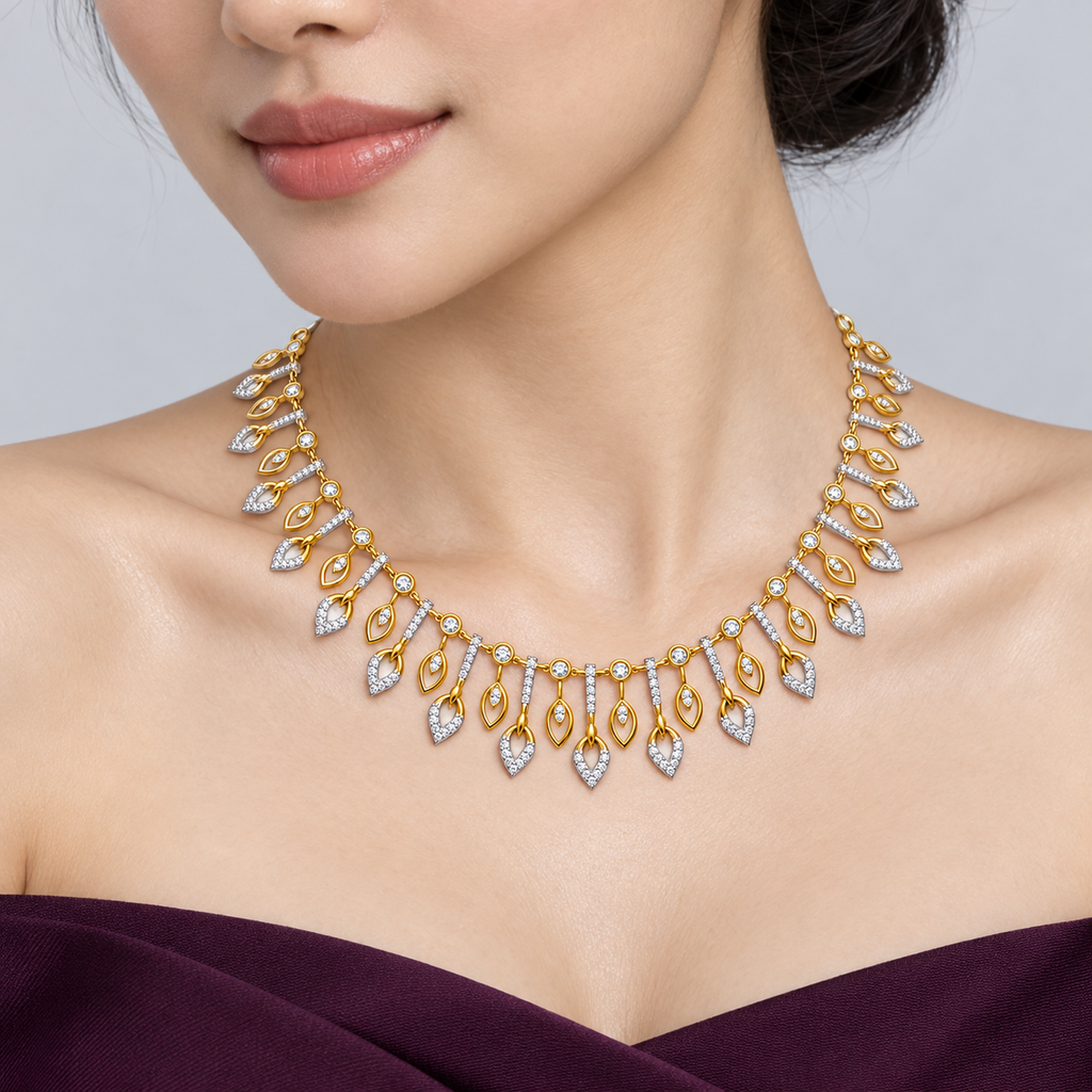 Botanical Leaf Fringe Diamond Necklace - worn view 2