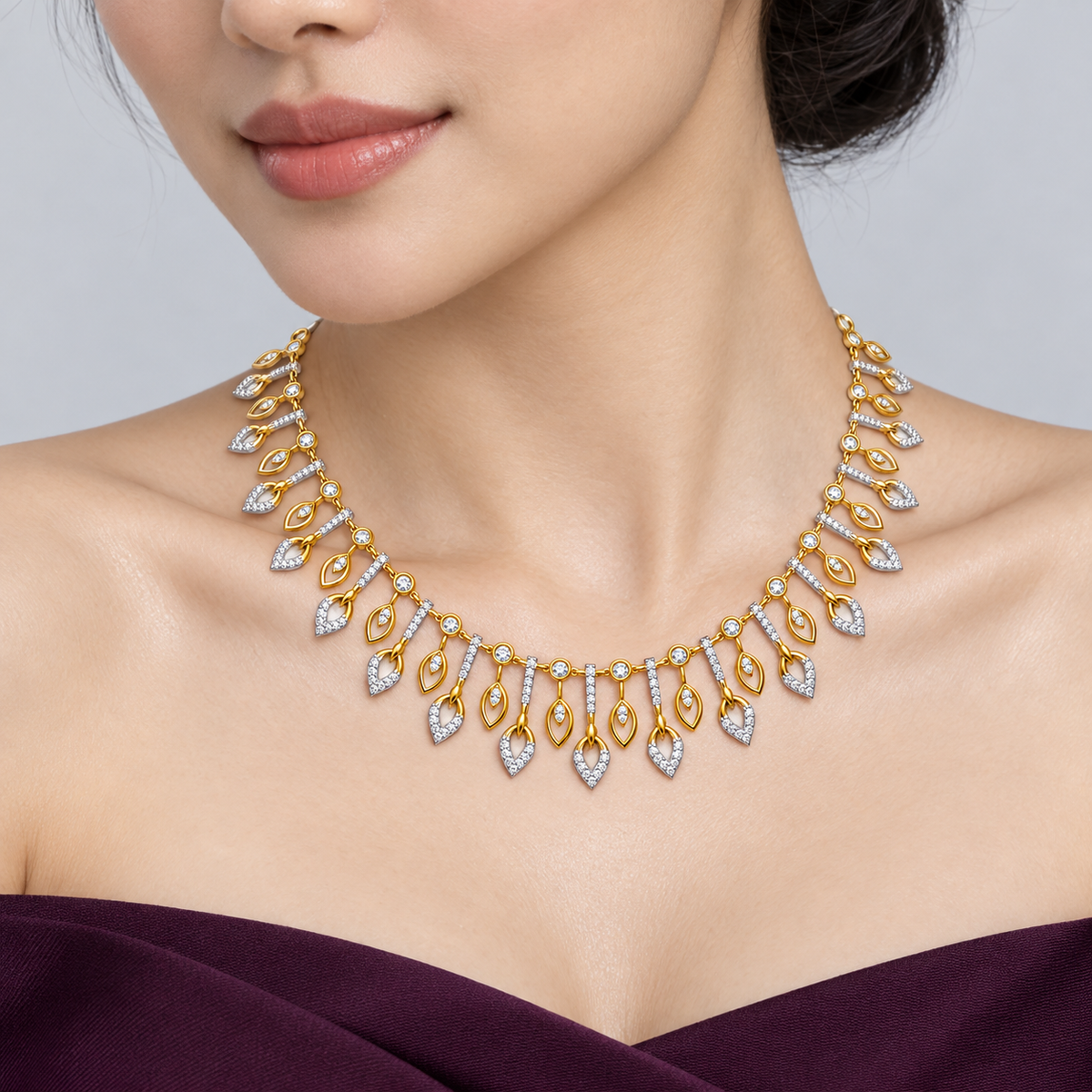 Botanical Leaf Fringe Diamond Necklace - worn view 2