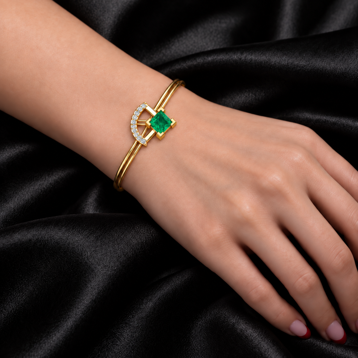 Verdant Crescent Diamond Bangle - worn view 2