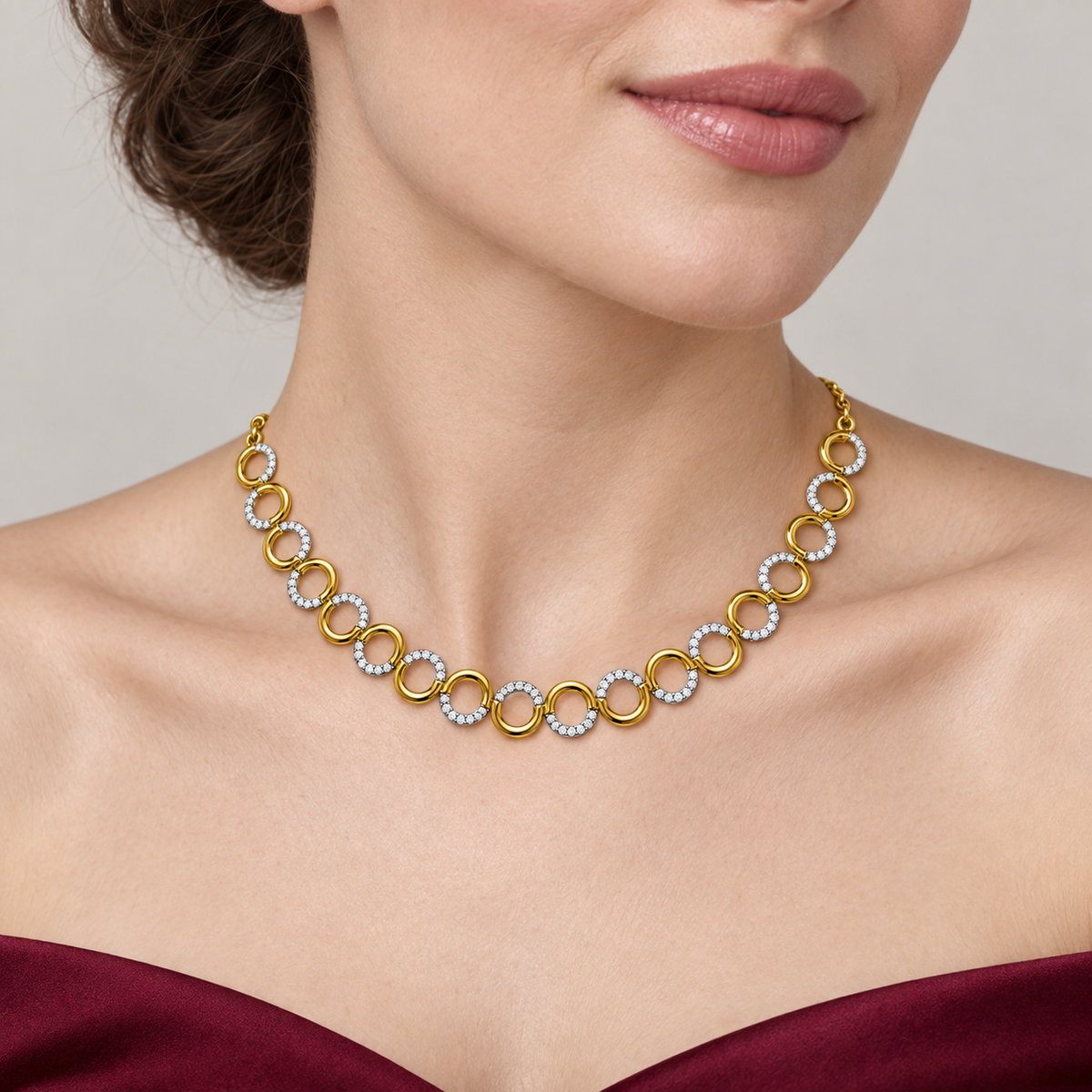 Alternating Circle Diamond Necklace - worn view 2