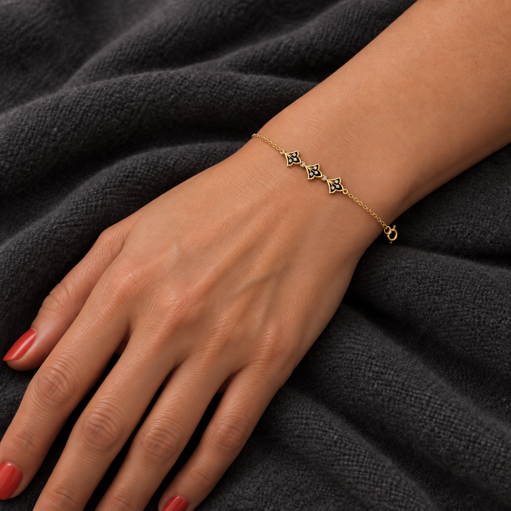 Black Enamel Trefoil Diamond Bracelet - worn view 2