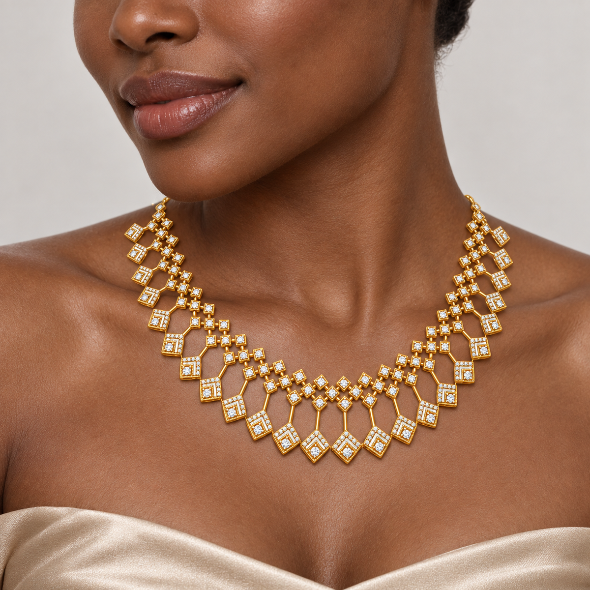 Cascading Square Diamond Necklace - worn view 2