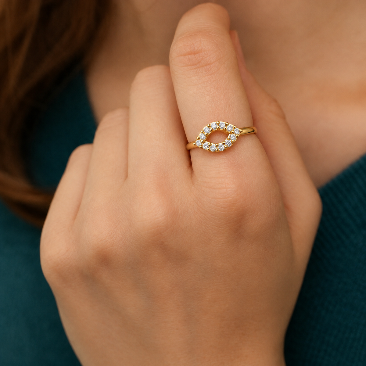 Marquise Halo Diamond Ring - worn view 1