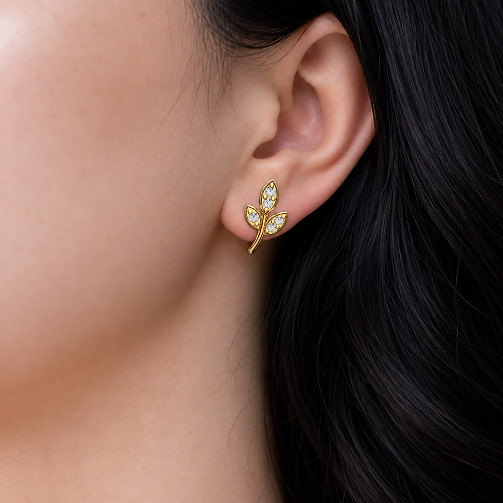 Diamond Leaf Sprig Stud Earrings