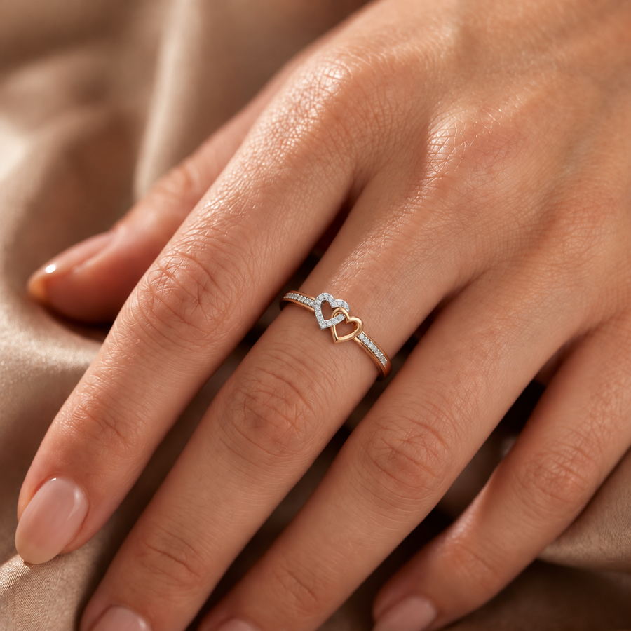Interlocking Hearts Diamond Rose Gold Ring - worn view 1