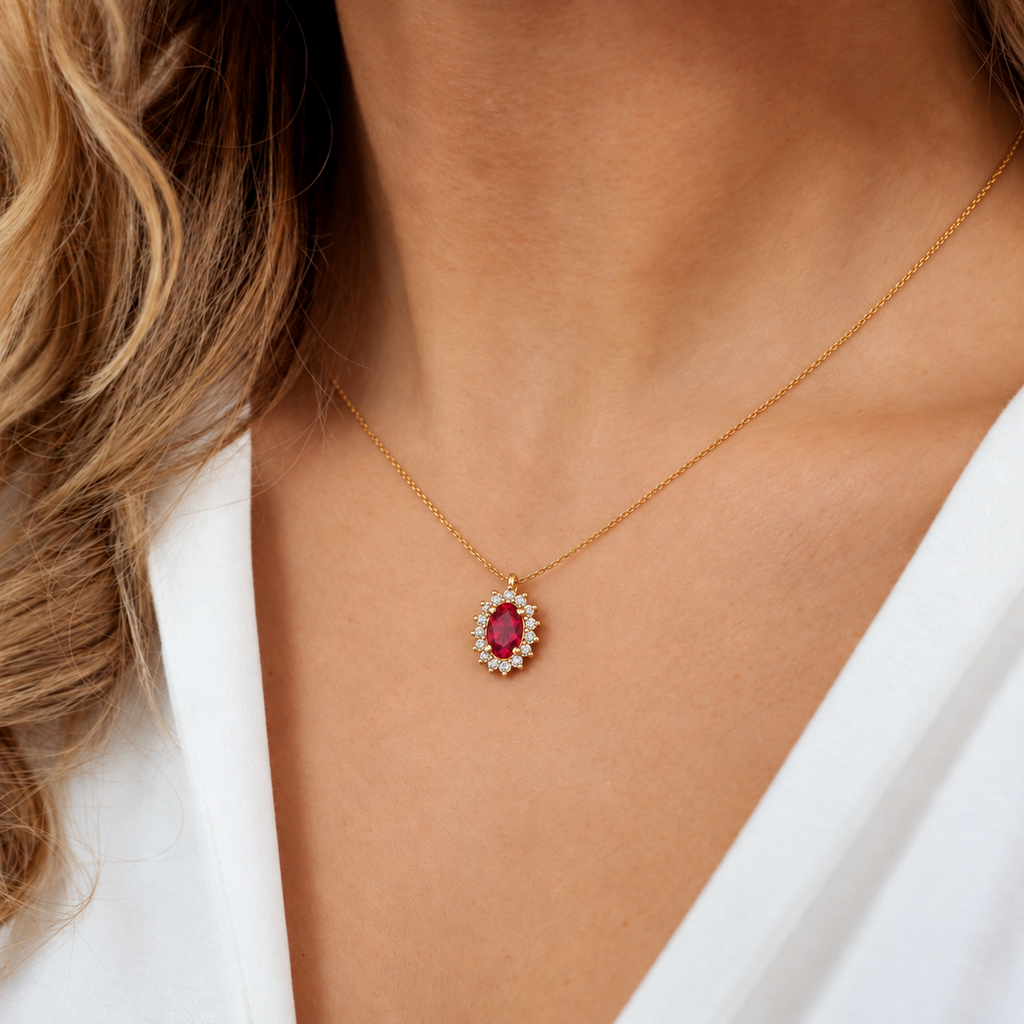 Crimson Oval Diamond Halo Pendant - worn view 1