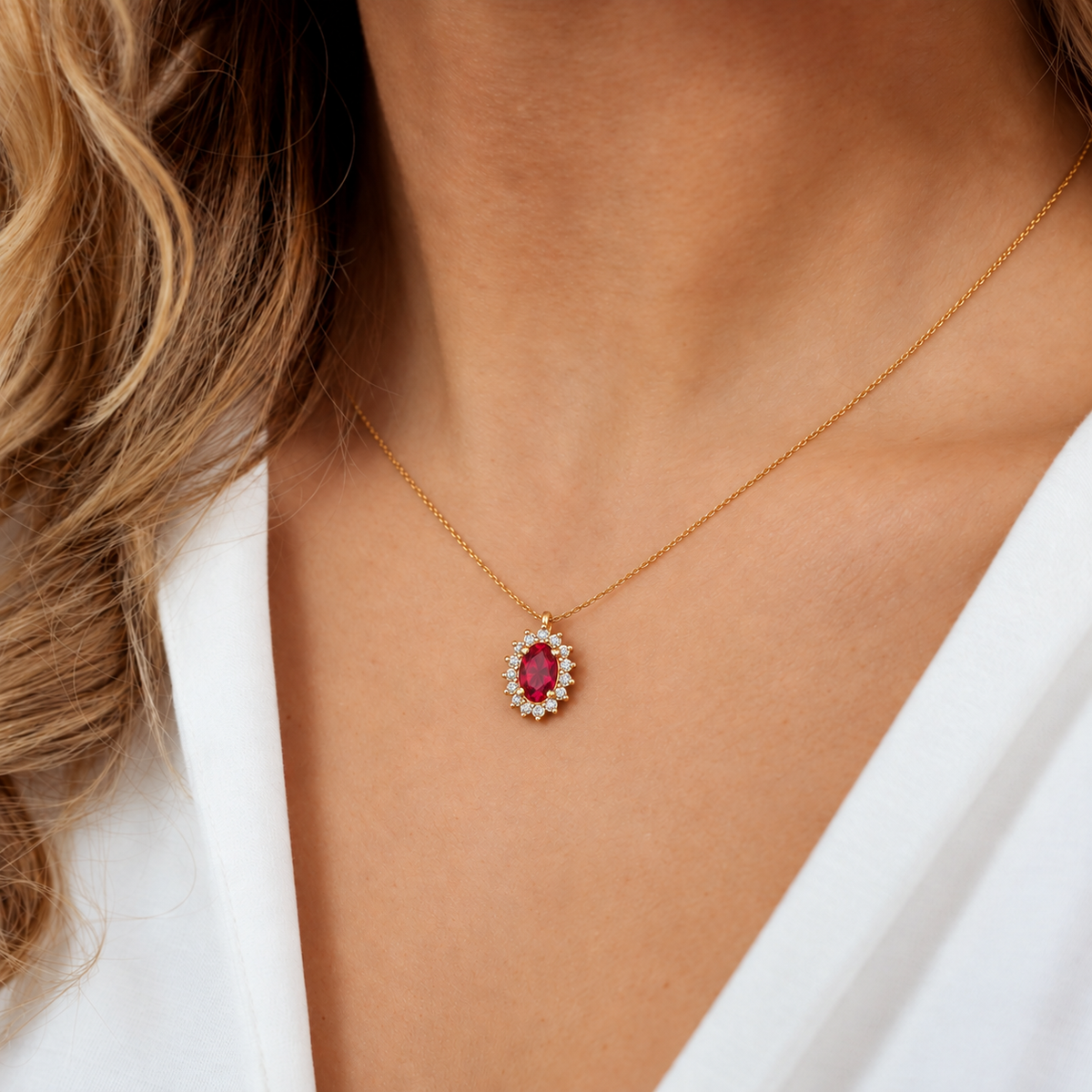 Crimson Oval Diamond Halo Pendant - worn view 1