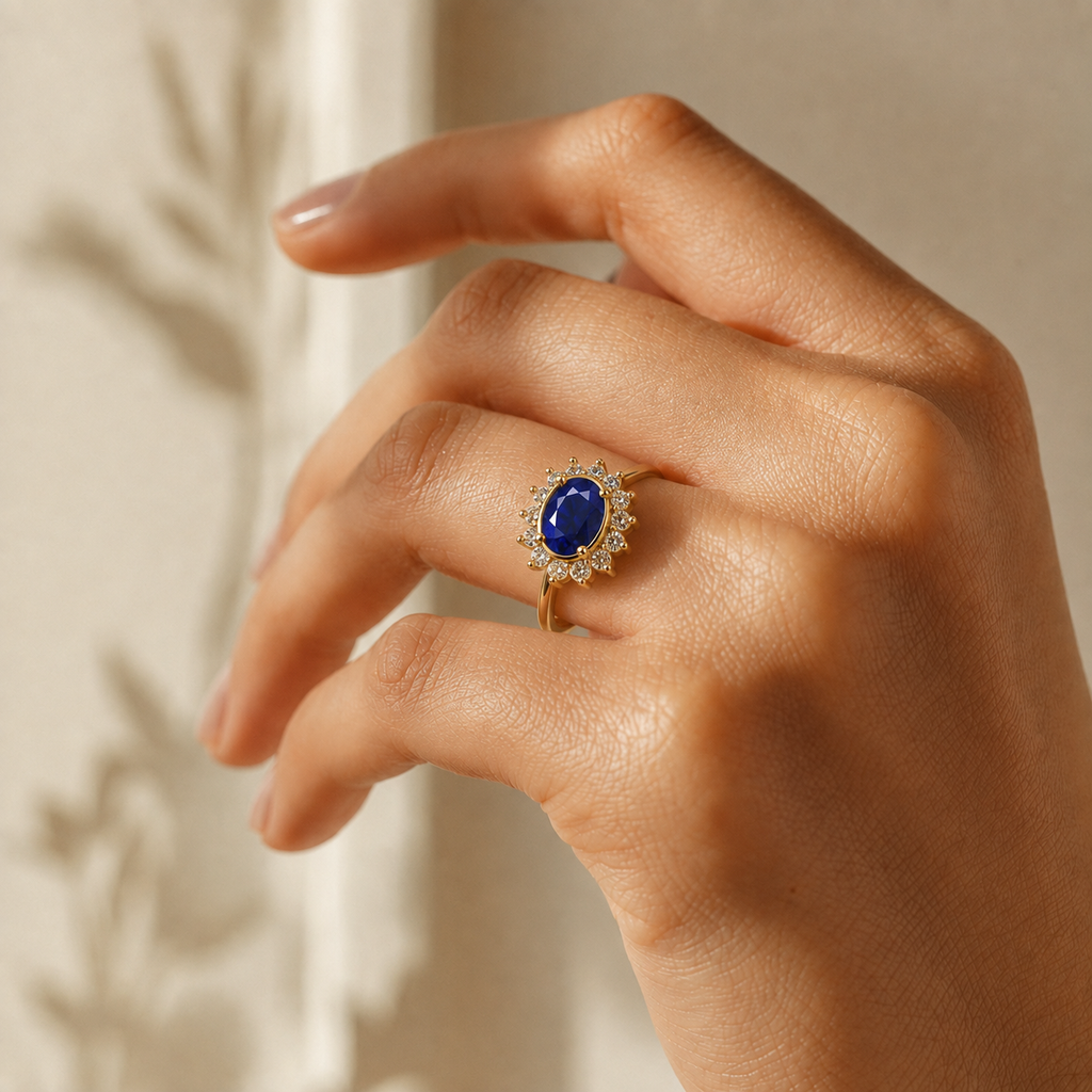 Royal Blue Oval Halo Ring - view 2