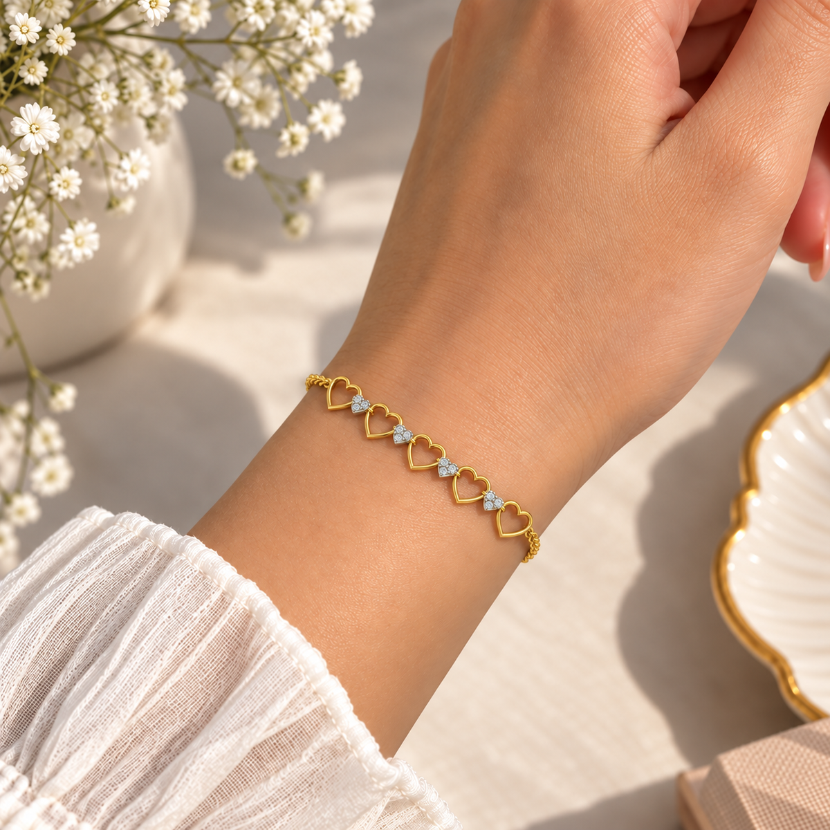 Open Heart Diamond Flower Bracelet - worn view 1