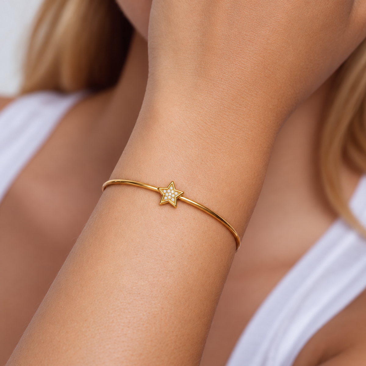 Star Motif Diamond Gold Bangle - worn view 1