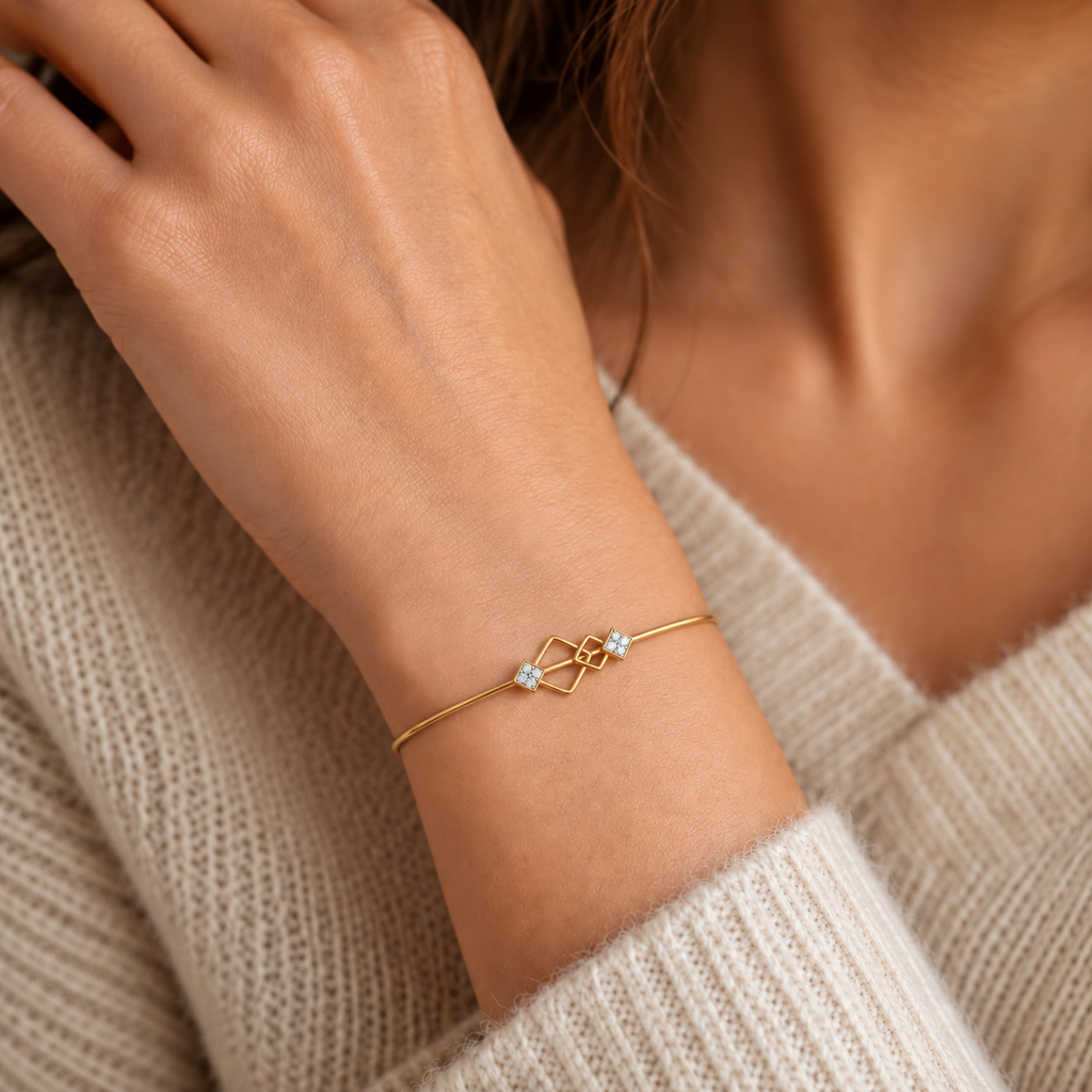 Interlocking Kite Diamond Gold Bangle - worn view 1