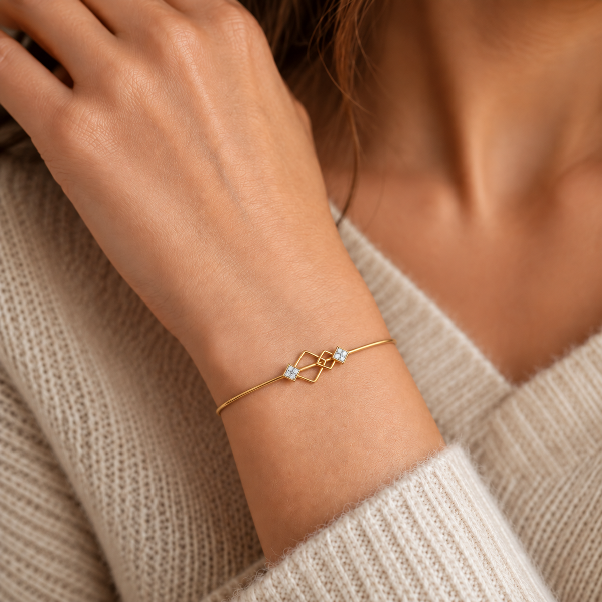 Interlocking Kite Diamond Gold Bangle - worn view 1