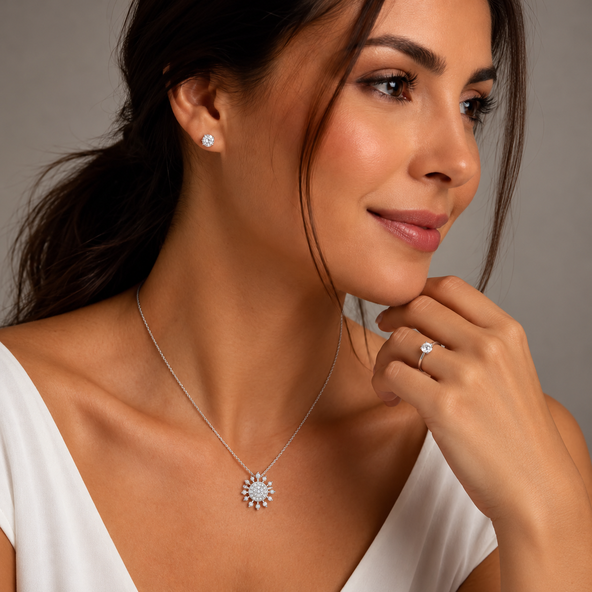 Teardrop Ray Diamond Halo Pendant - worn view 1