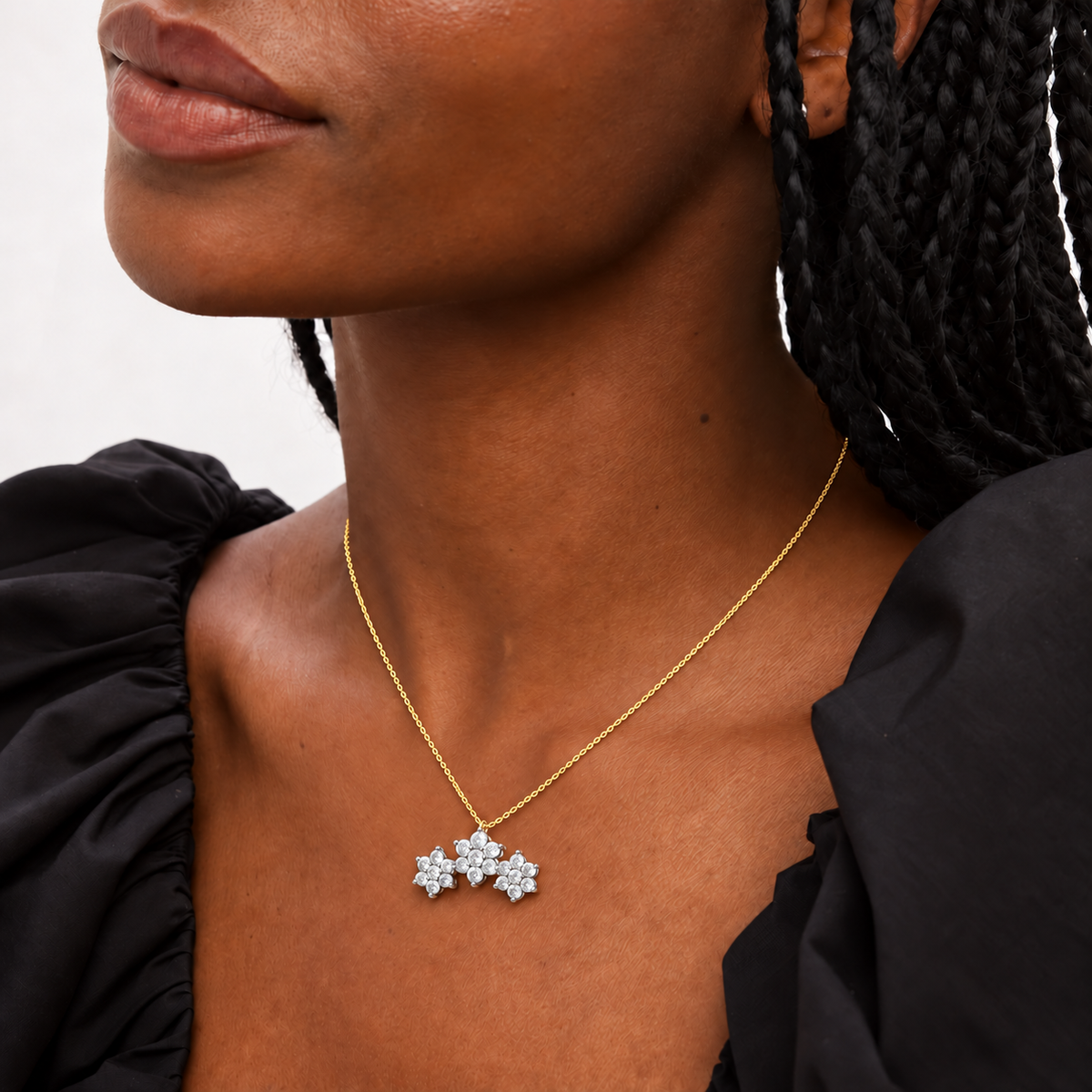 Triple Floral Cluster Diamond Pendant - worn view 1