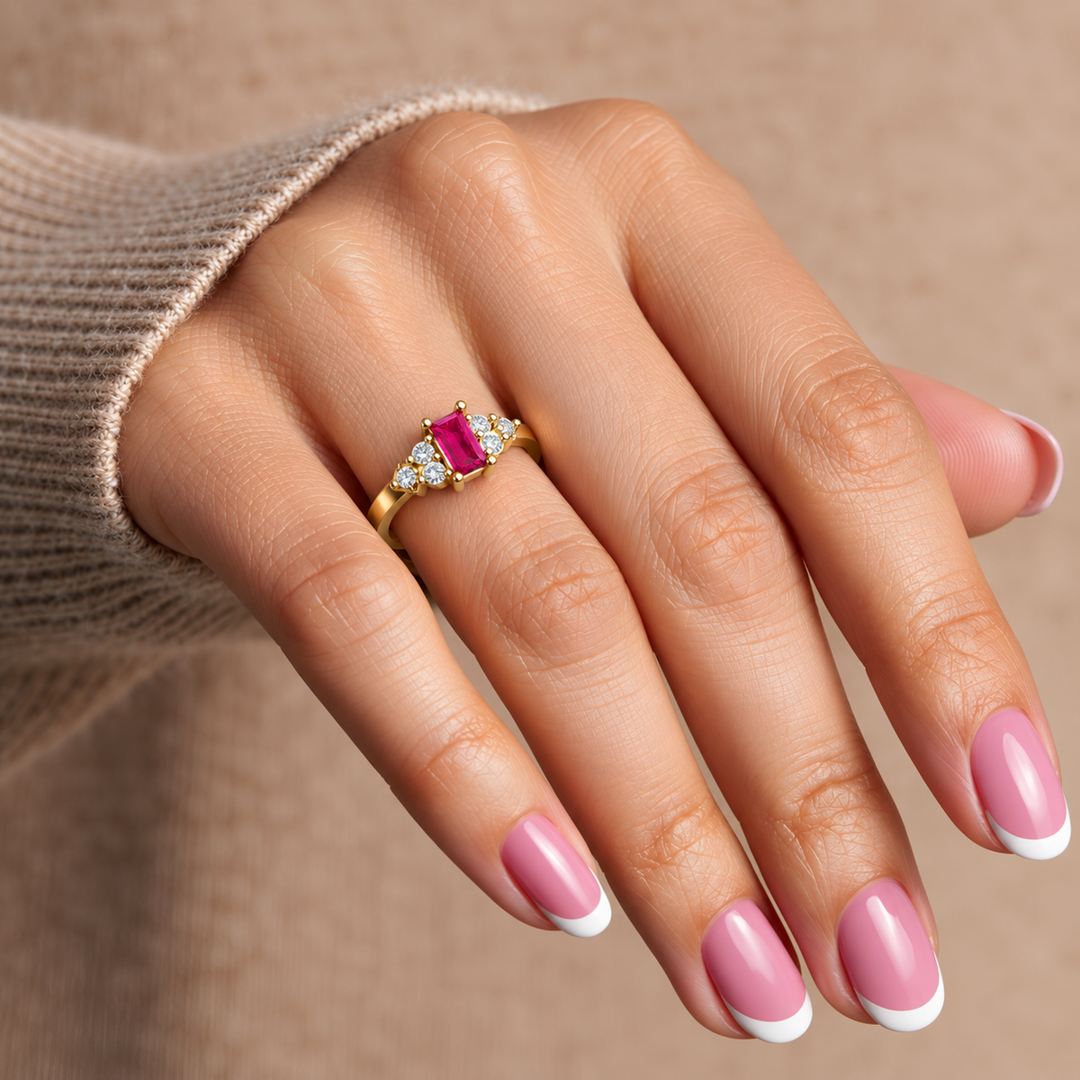 Blush Baguette Stone Ring - worn view 1