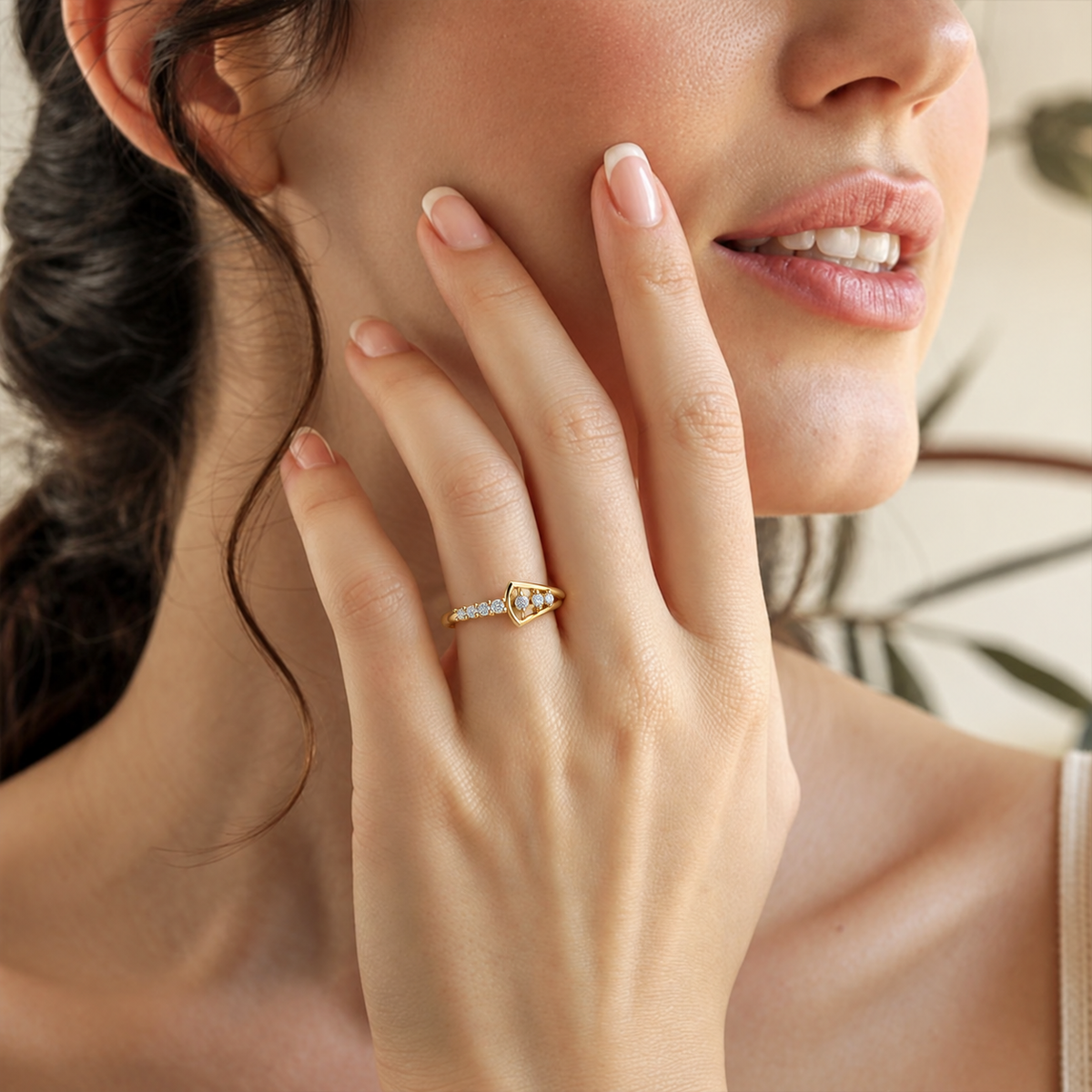 Geometric Shield Diamond Ring - worn view 1