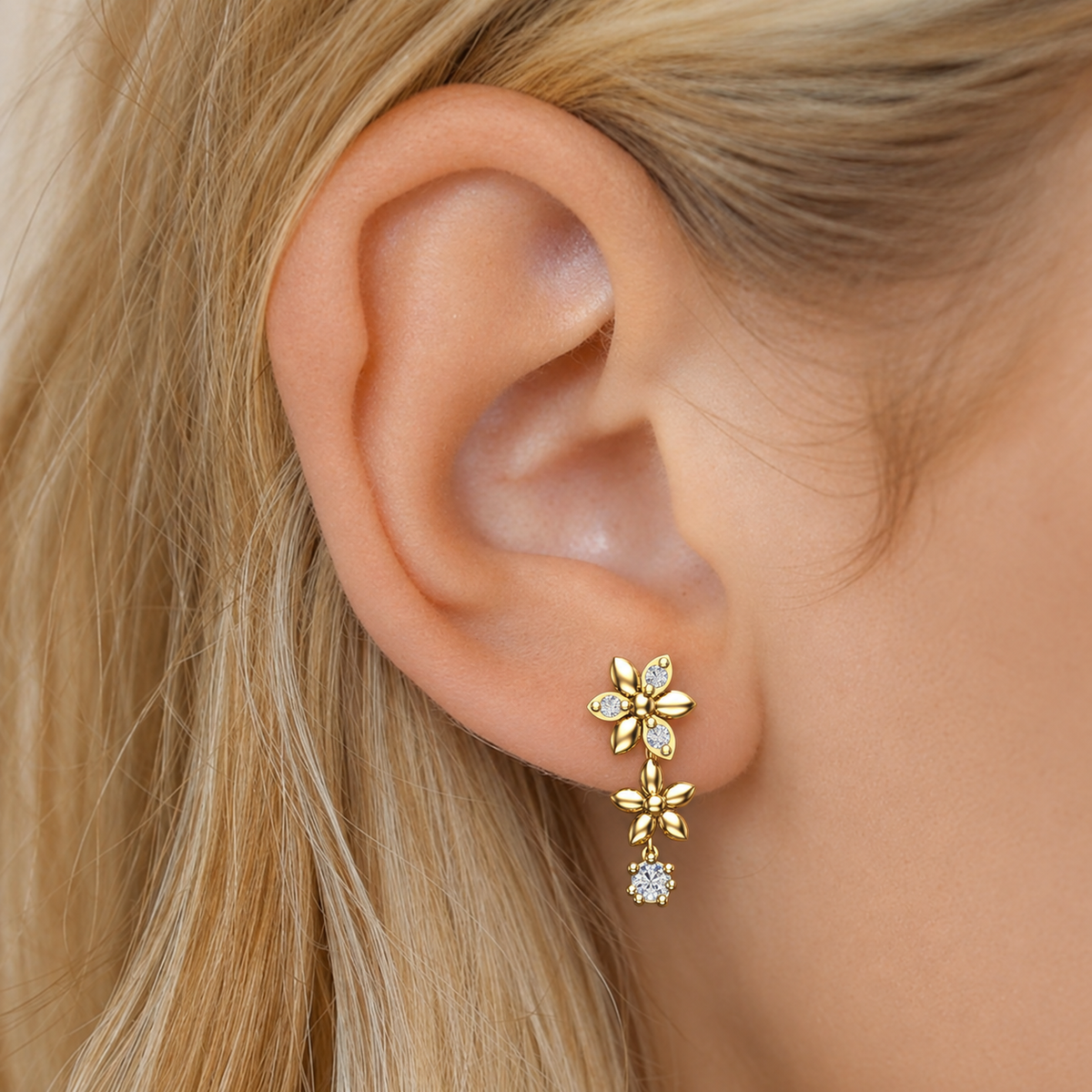 Double Floral Bloom Diamond Drop Earrings