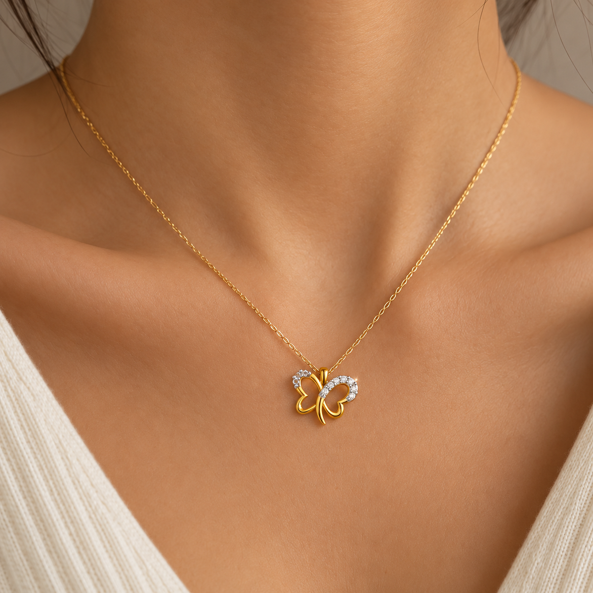 Openwork Butterfly Pave Diamond Pendant - worn view 1