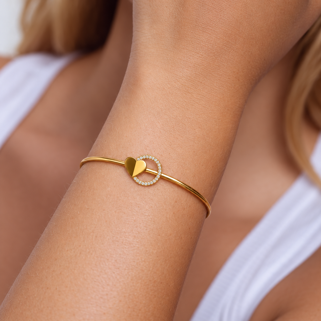 Heart Orbit Diamond Gold Bangle - worn view 1