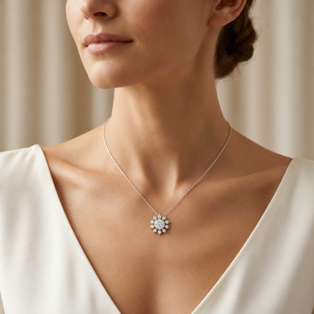 Radiant Sunburst Diamond Pendant - worn view 1