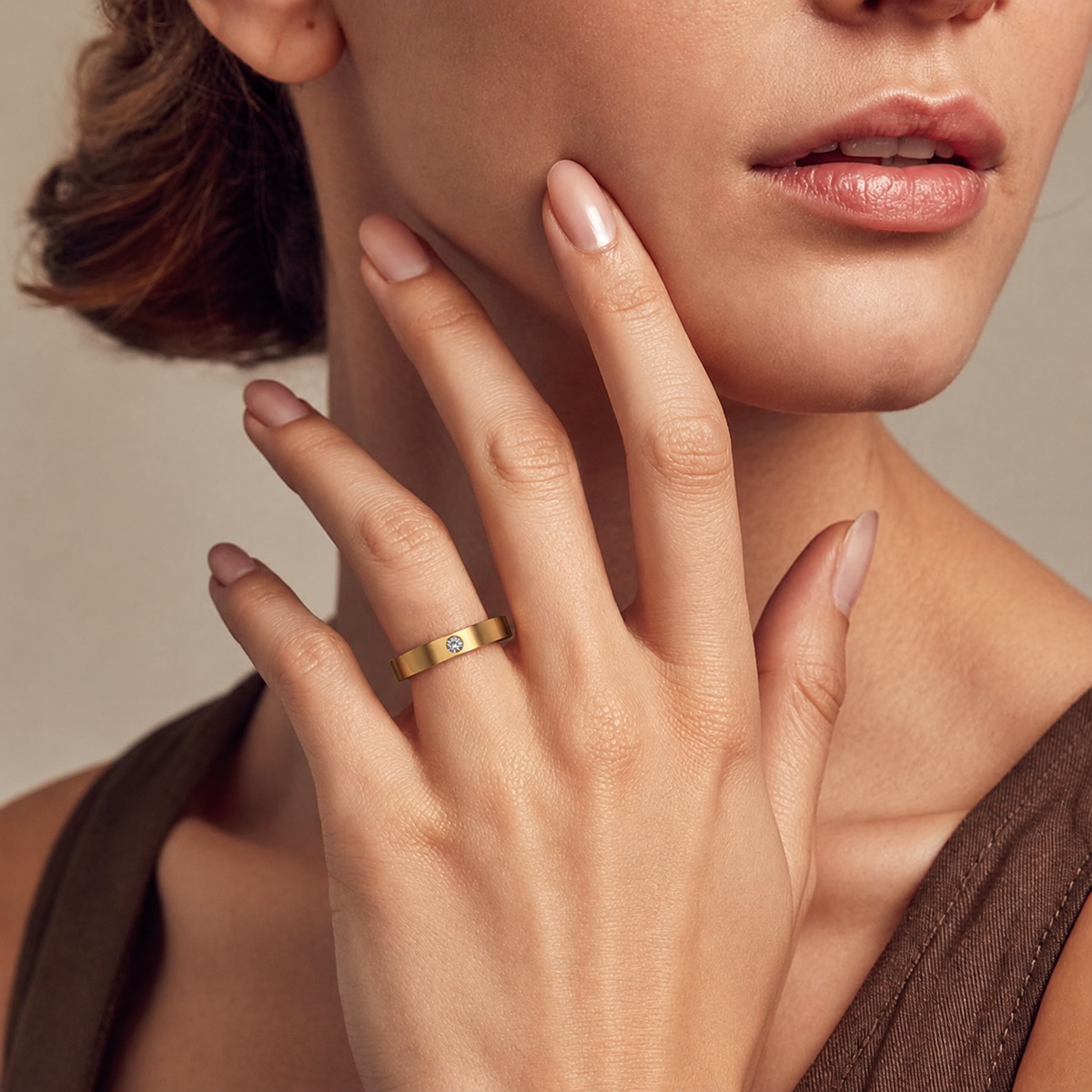 Single Diamond Wide Gold Band - view 2