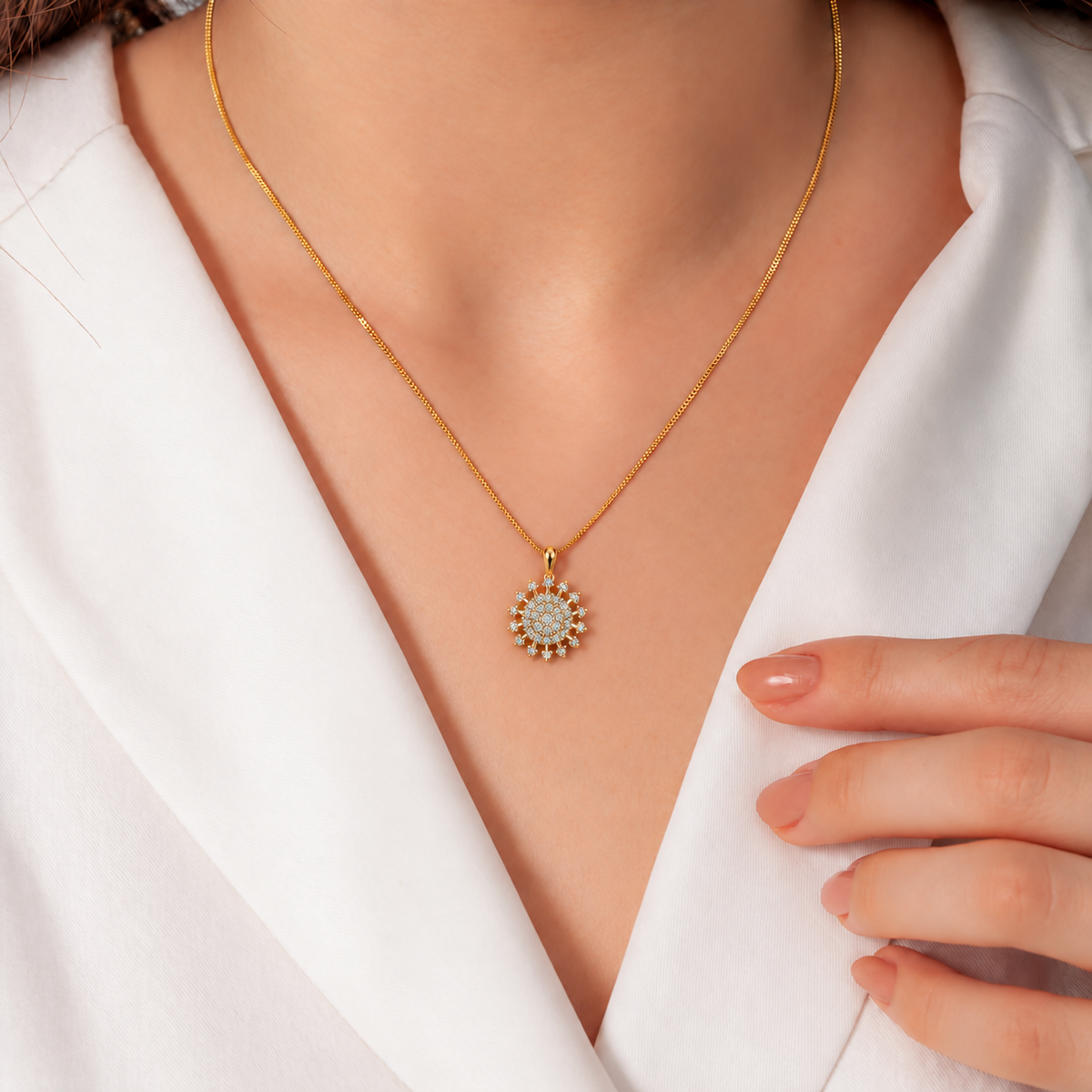 Rose Gold Sunray Pave Diamond Pendant - worn view 2