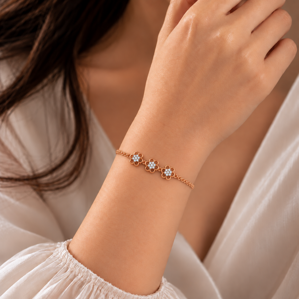 Seven Floral Diamond Link Bracelet - worn view 1
