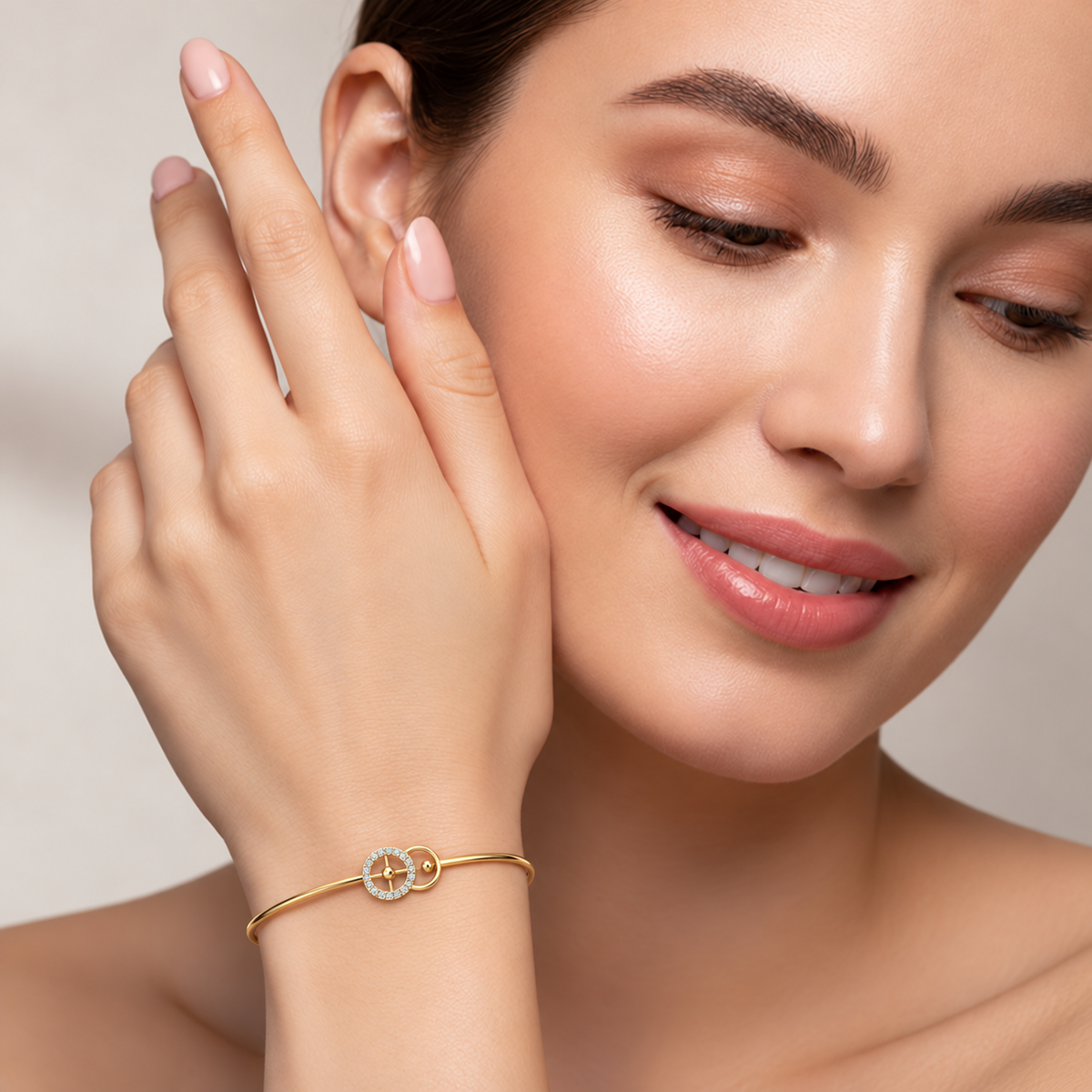 Celestial Orbit Diamond Gold Bangle - worn view 1