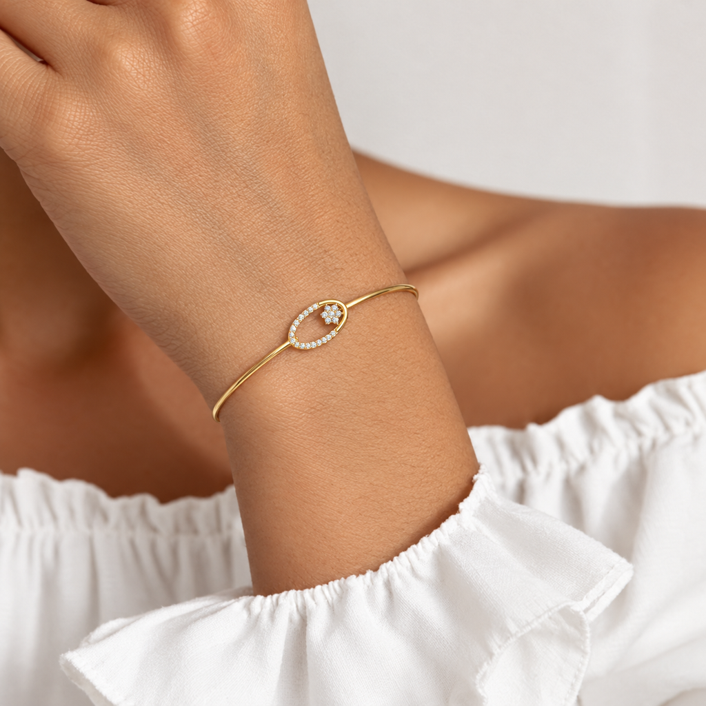 Floral Oval Diamond Gold Bangle - worn view 1