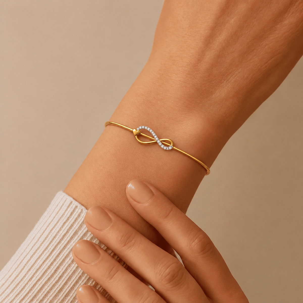 Infinity Knot Diamond Gold Bangle - worn view 1