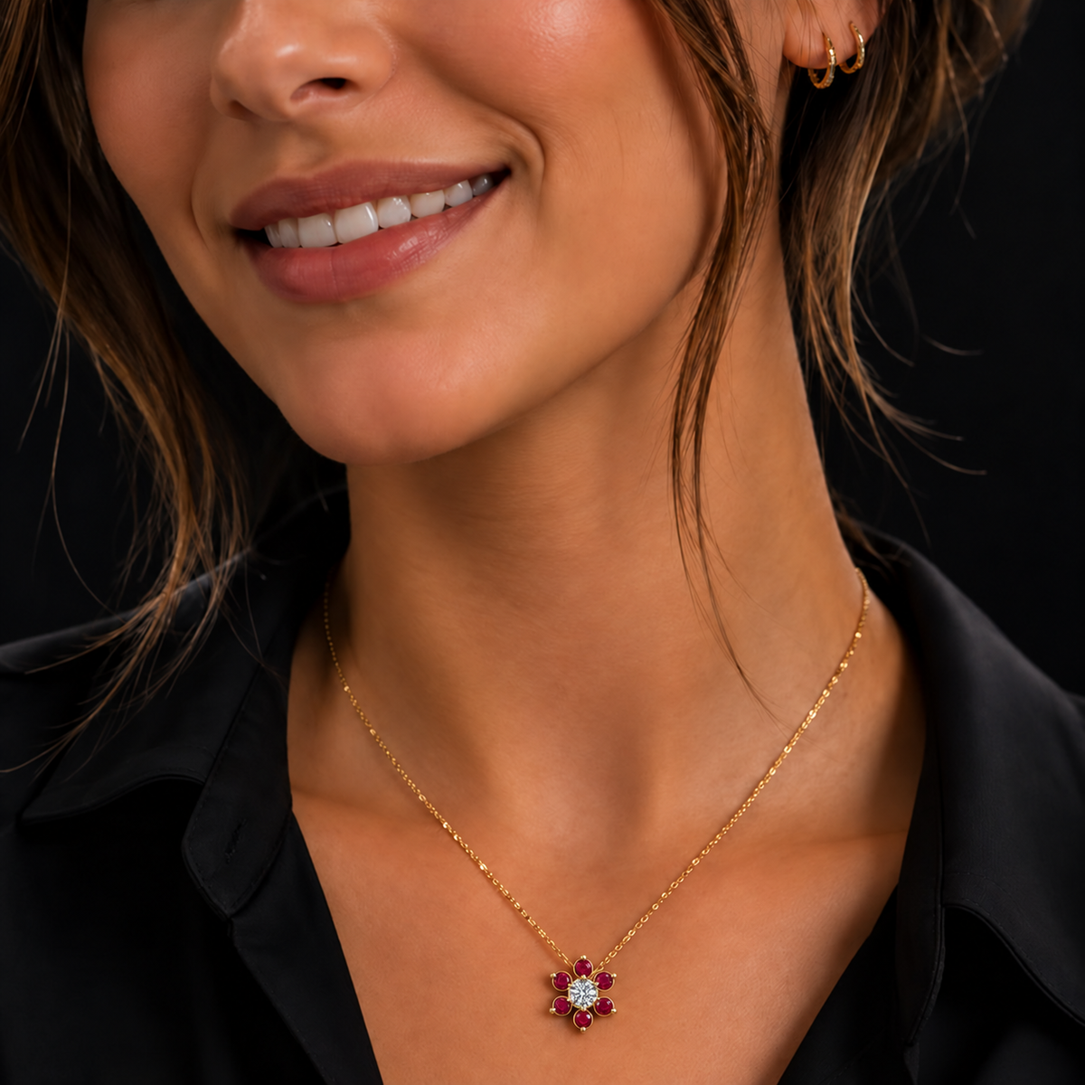 Crimson Petal Diamond Flower Pendant - worn view 1