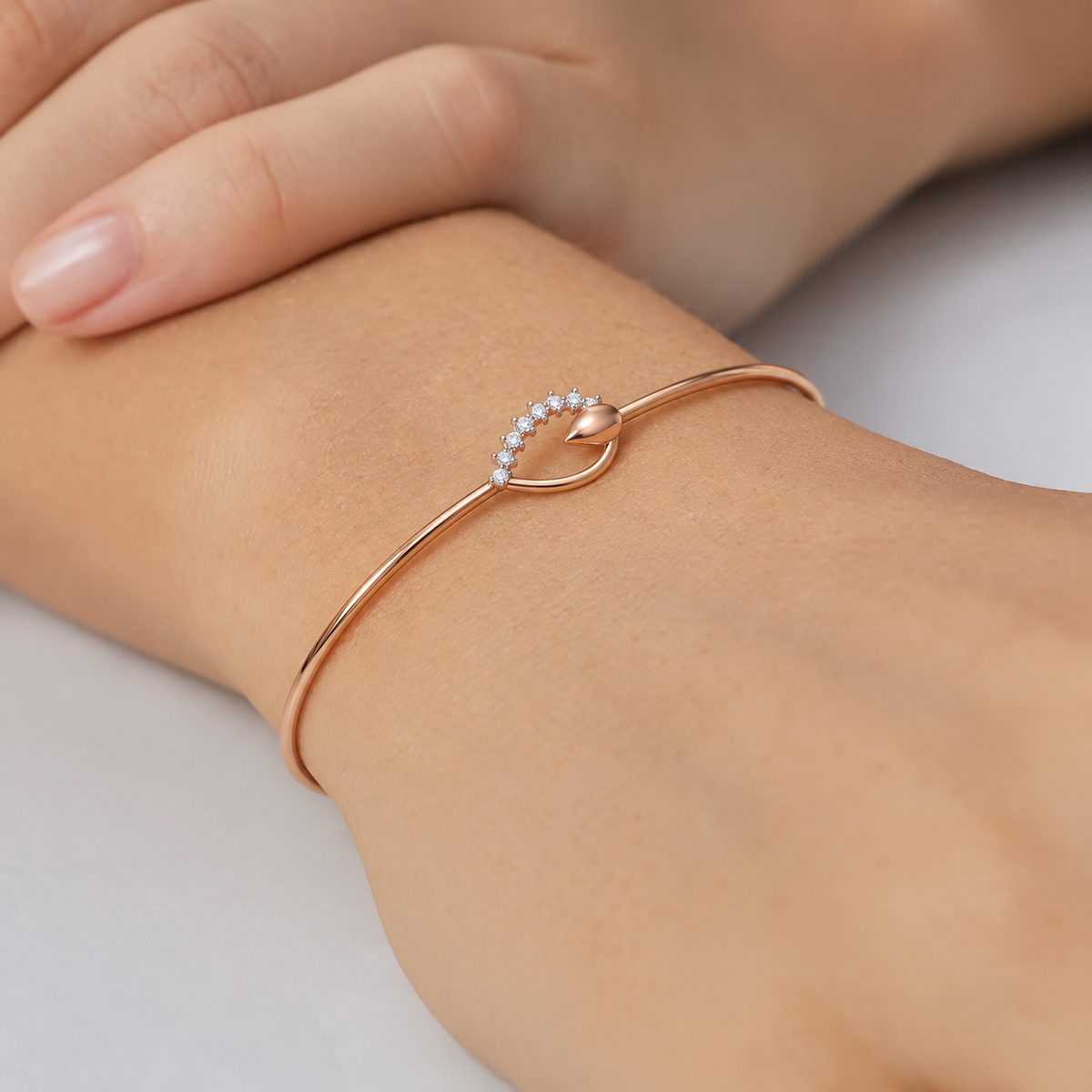 Rose Gold Leaf Arc Diamond Bangle - worn view 1