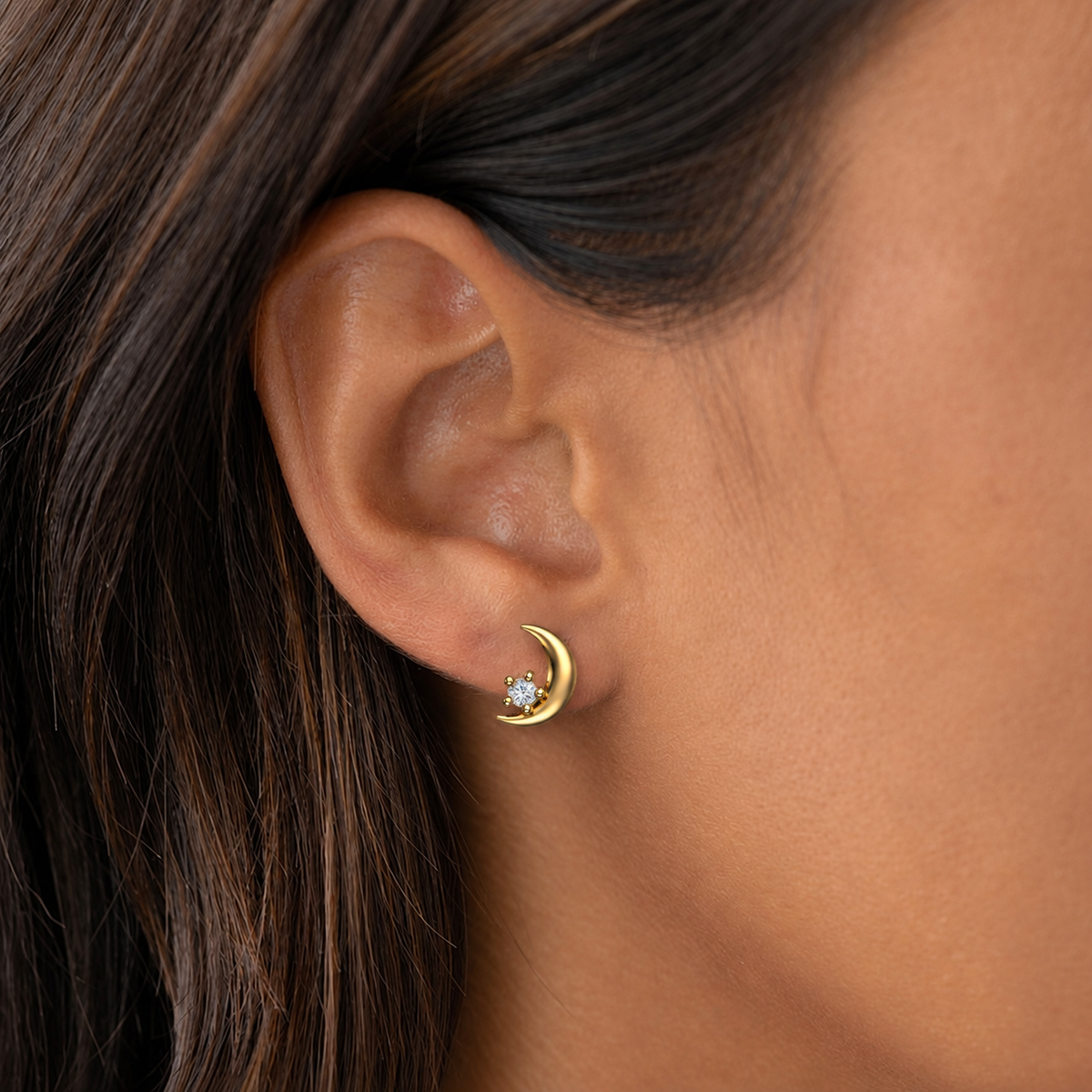 Gold Crescent Moon Solitaire Diamond Studs
