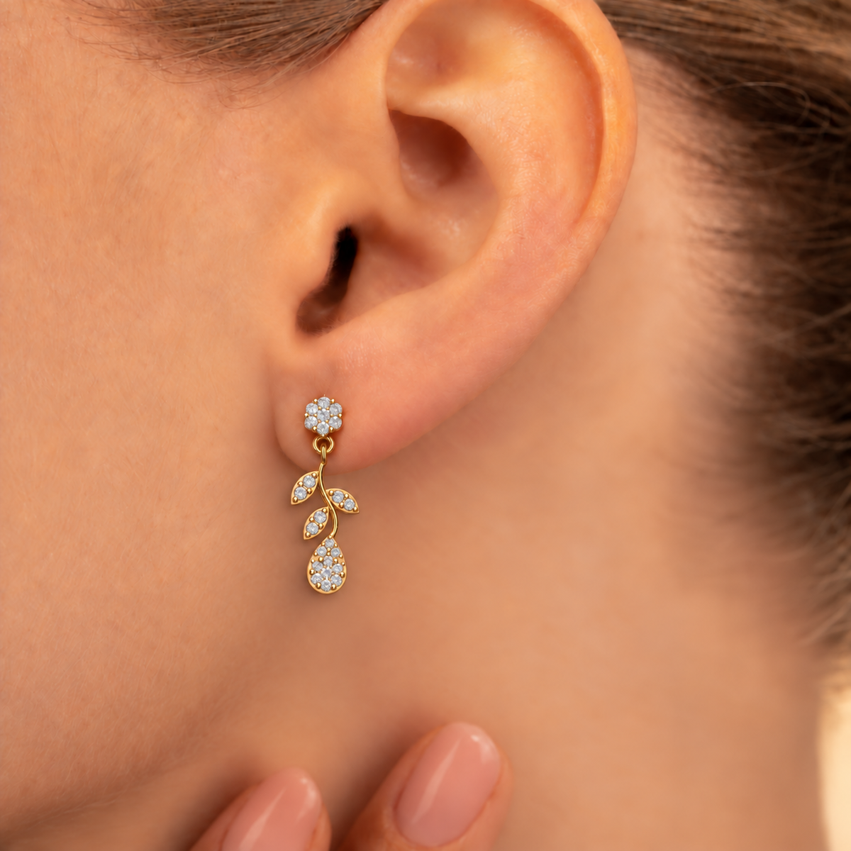 Diamond Botanical Leaf Branch Drop Earrings