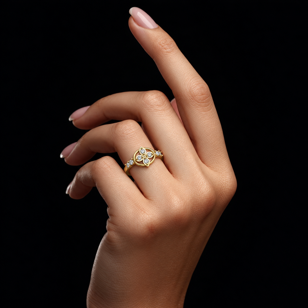 Four-Petal Halo Diamond Ring - worn view 1