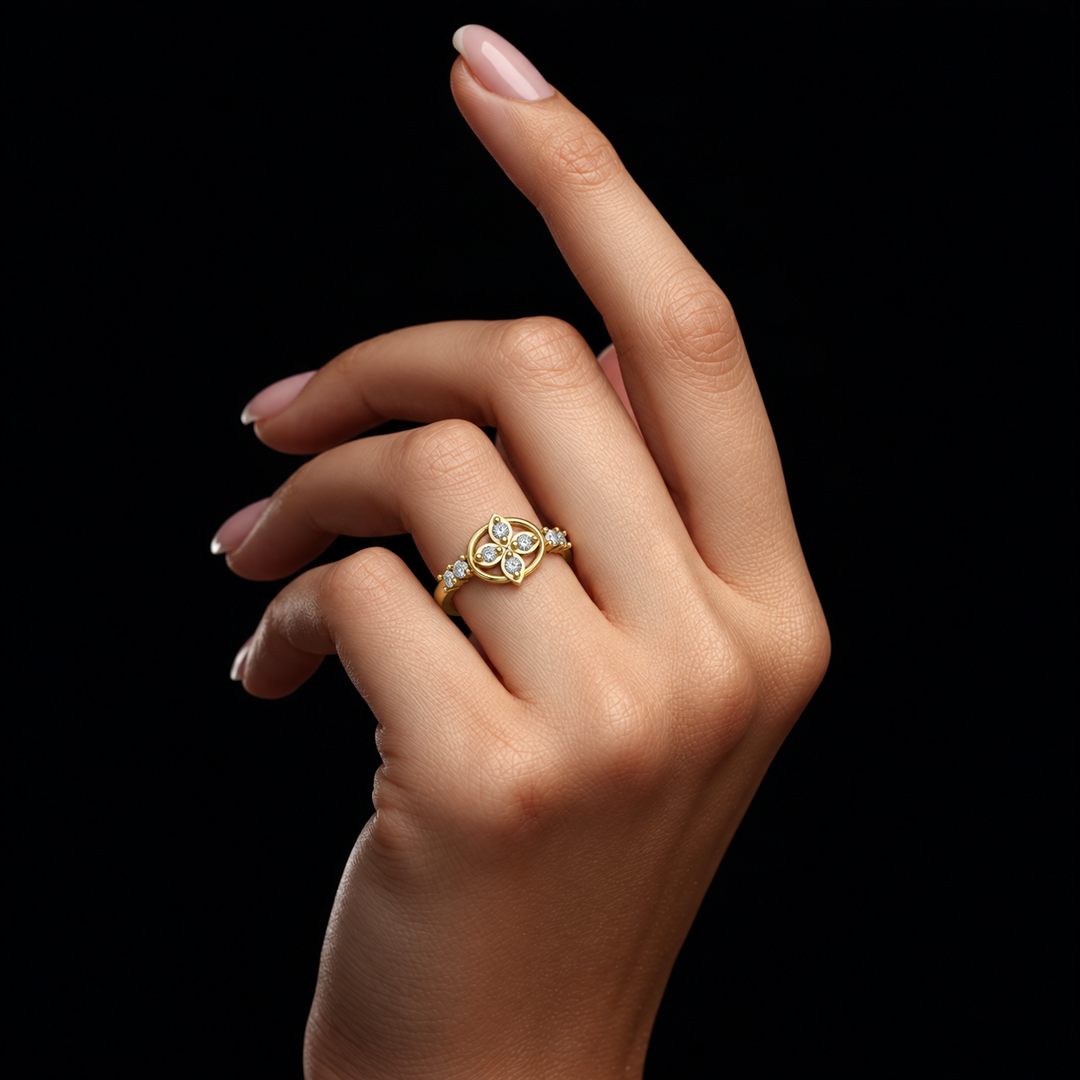 Four-Petal Halo Diamond Ring - worn view 1